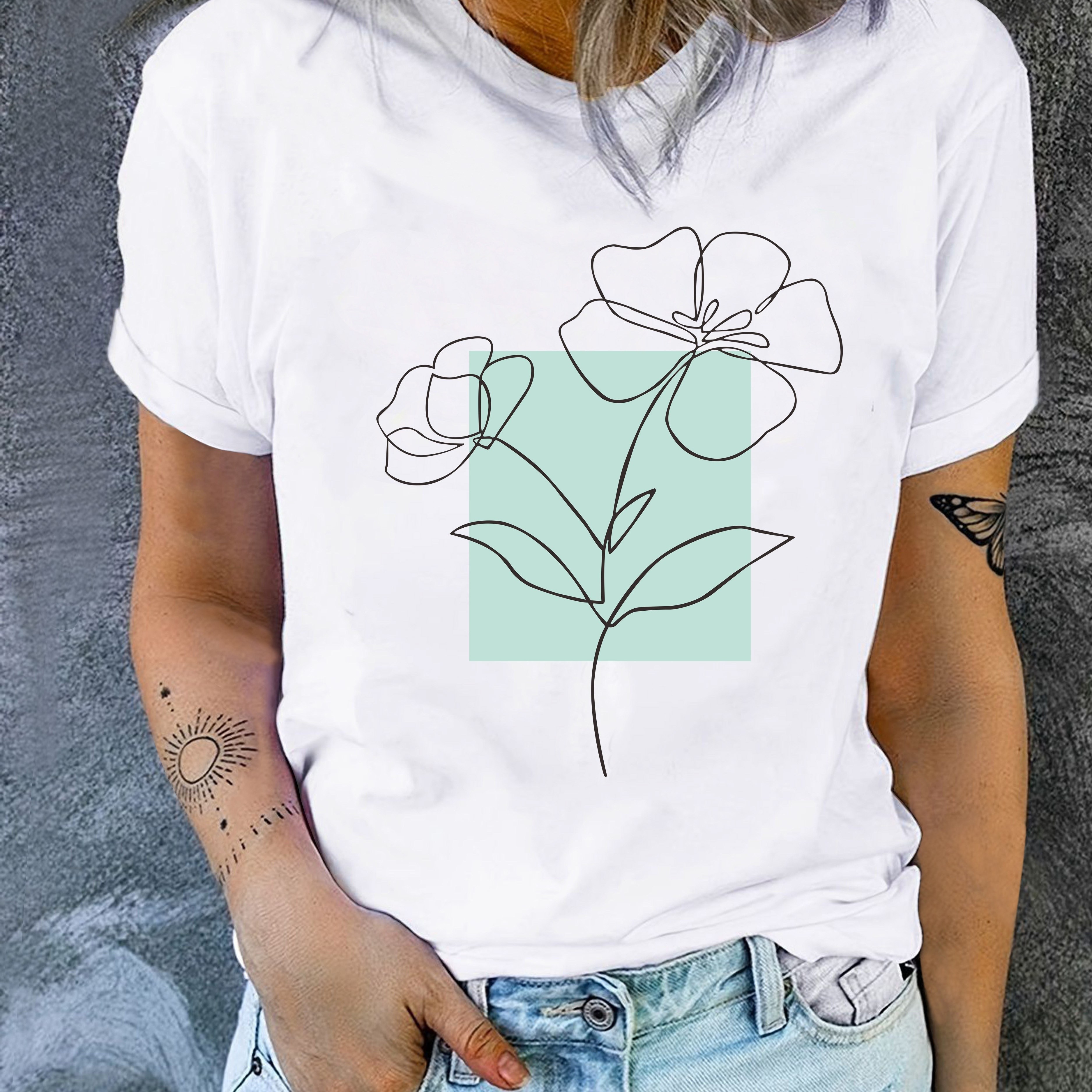 

Floral Print Casual T-shirt, Round Neck Short Sleeves Mid-stretch Sports Tee, Women's Activewear Graphic