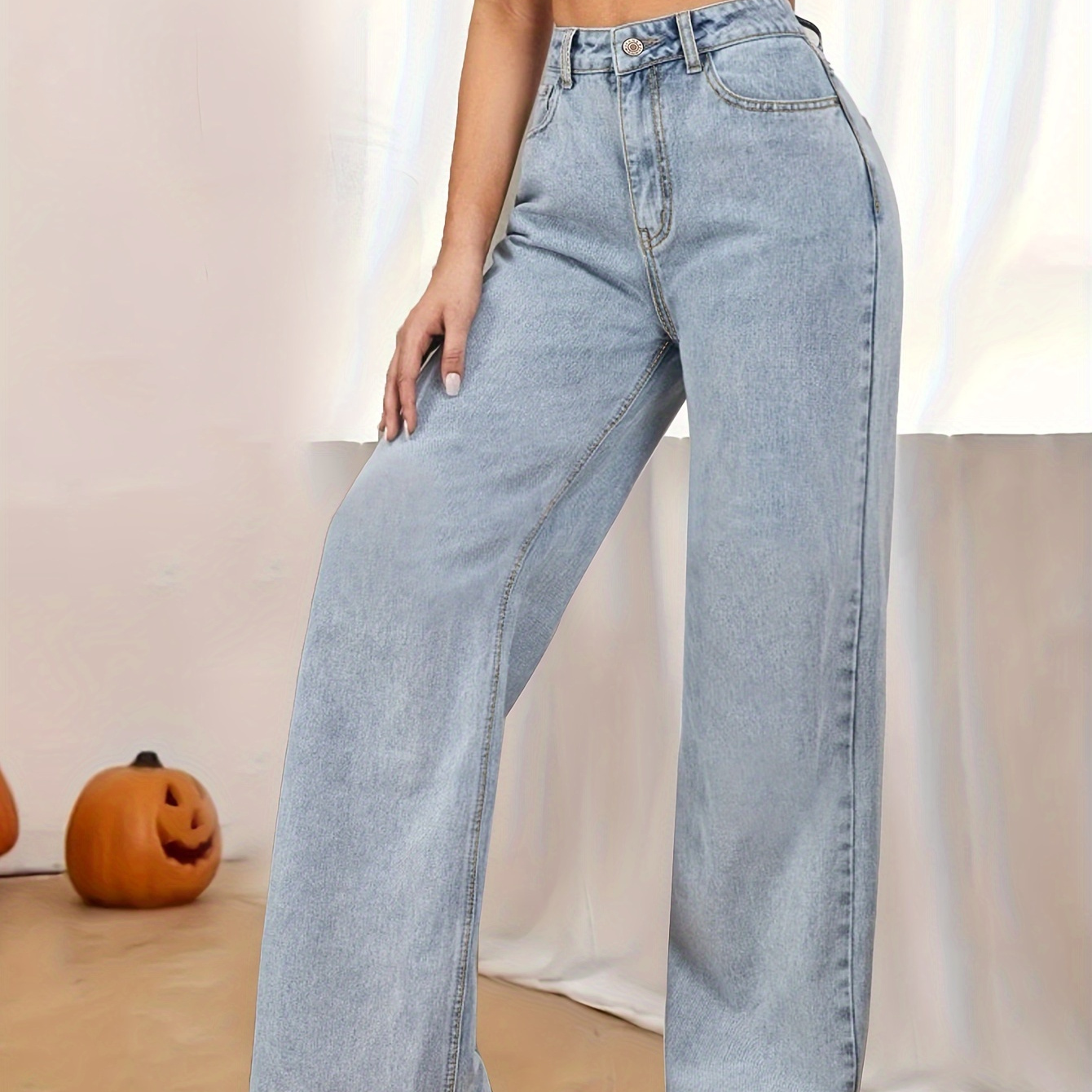 

Plain Washed Blue Whiskering Basic Style Loose Fit Denim Pants, Women's Denim Jeans & Clothing