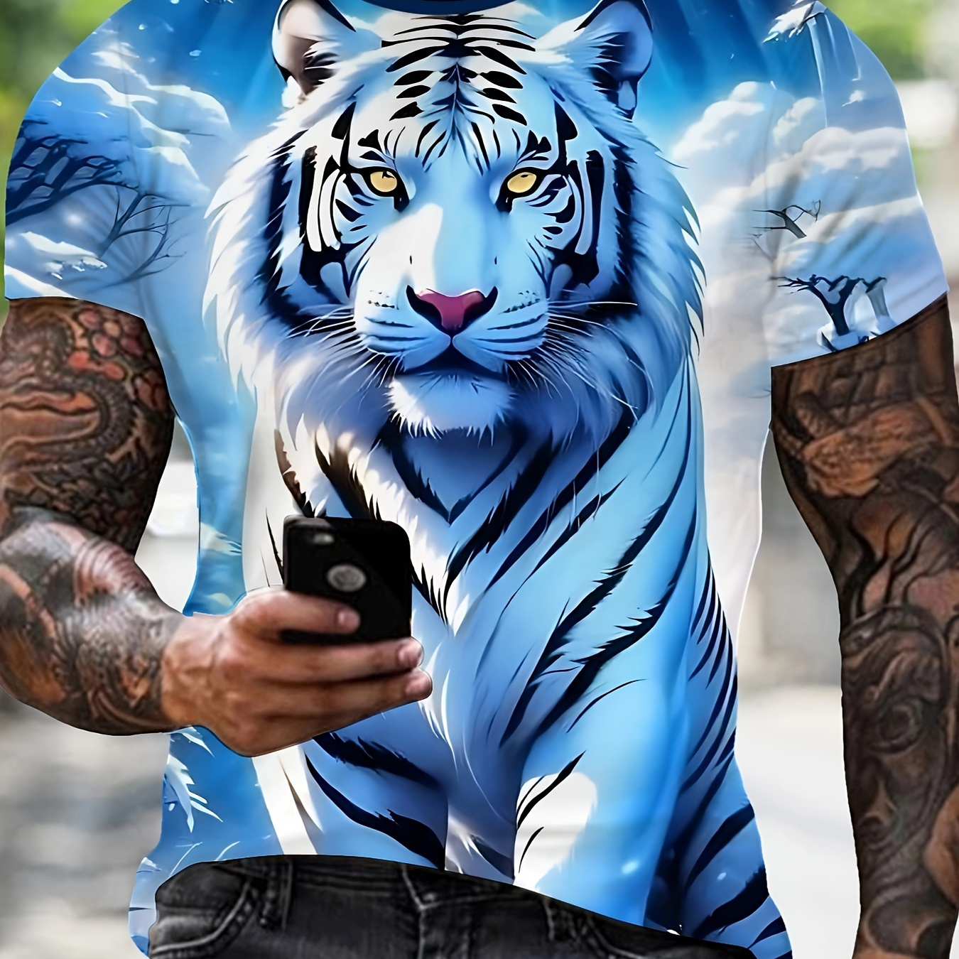 

1pc Men's 3d Tiger Print T-shirt, Casual Round Neck Short Sleeve Tee, Polyester Stretch Fabric, Regular Fit Outdoor