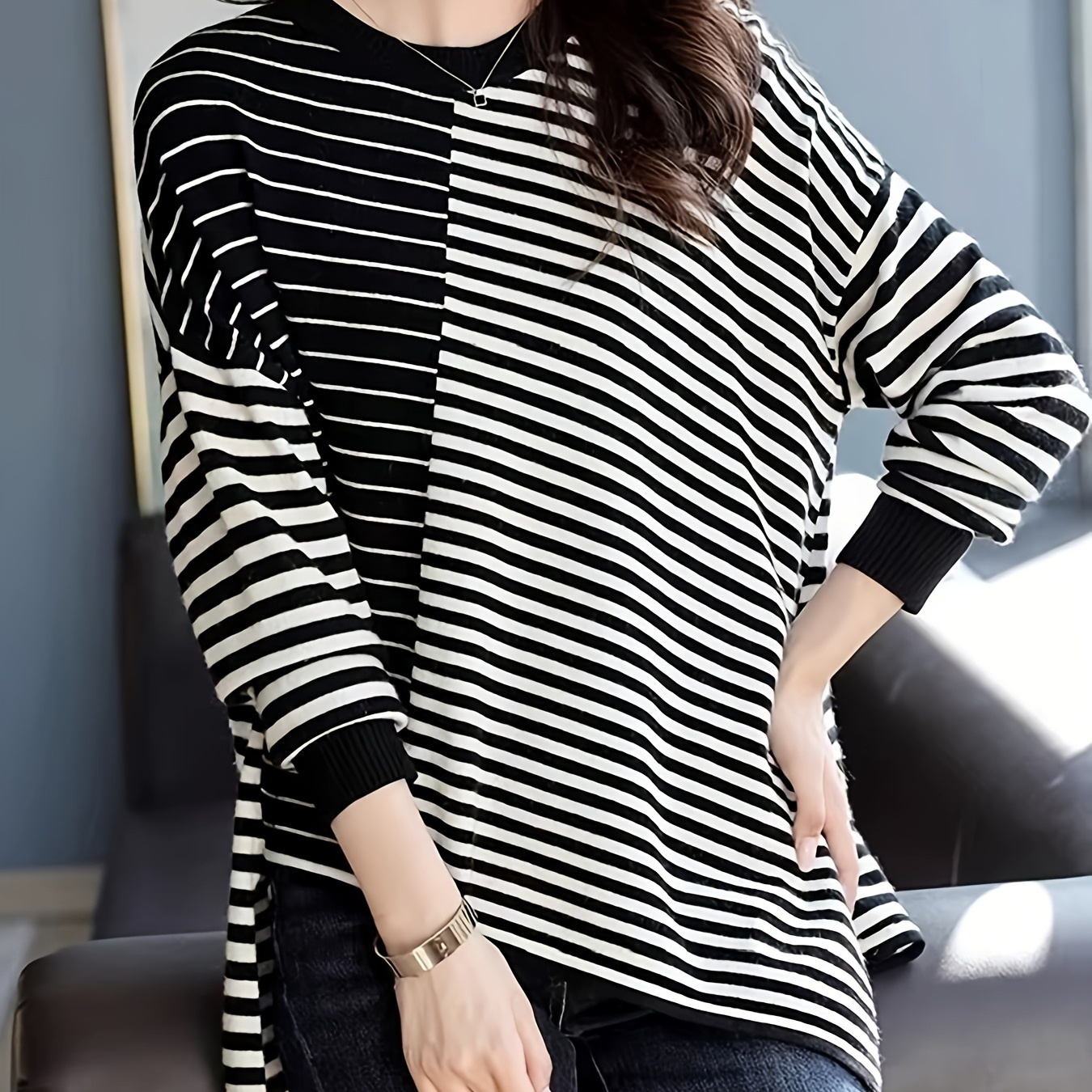 

Women's Asymmetrical Striped Long Sleeve Tunic Top, Polyester Knit Fabric, Crew Neck, Loose Fit, Medium Stretch, For Spring/summer/fall