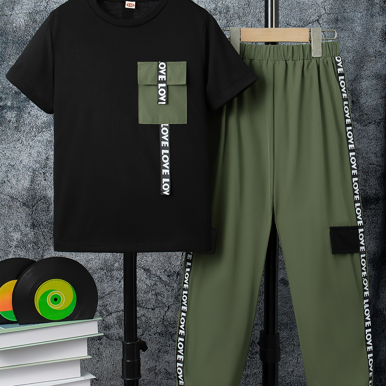 

2pcs Boys Casual Woven Tape Detail Short Sleeve T-shirt & Cargo Pants Set, Comfy Boys Clothes