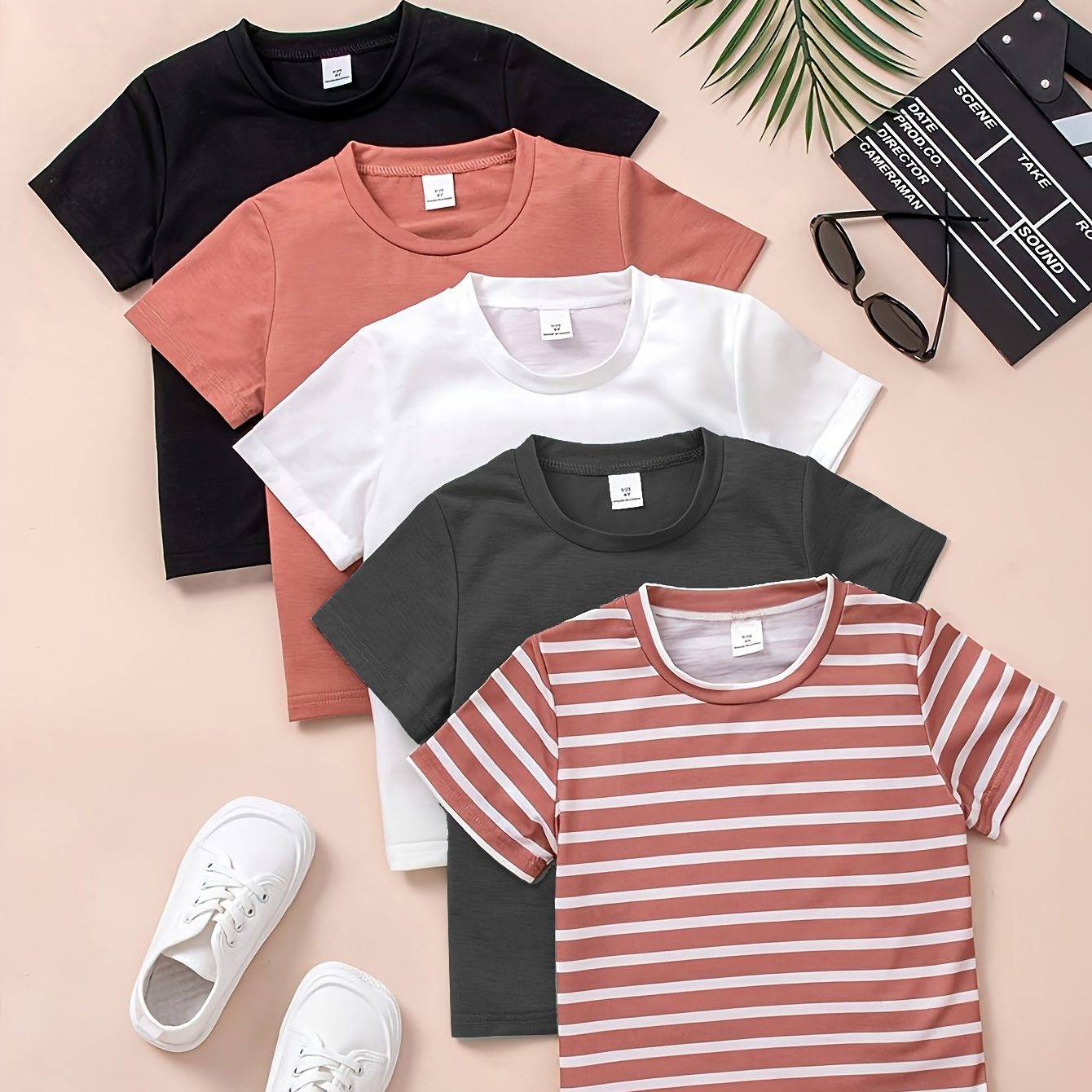 

5pcs Solid Color And Stripe Print Boys Comfy T-shirt, Cool, Versatile & Smart Short Sleeve Tee