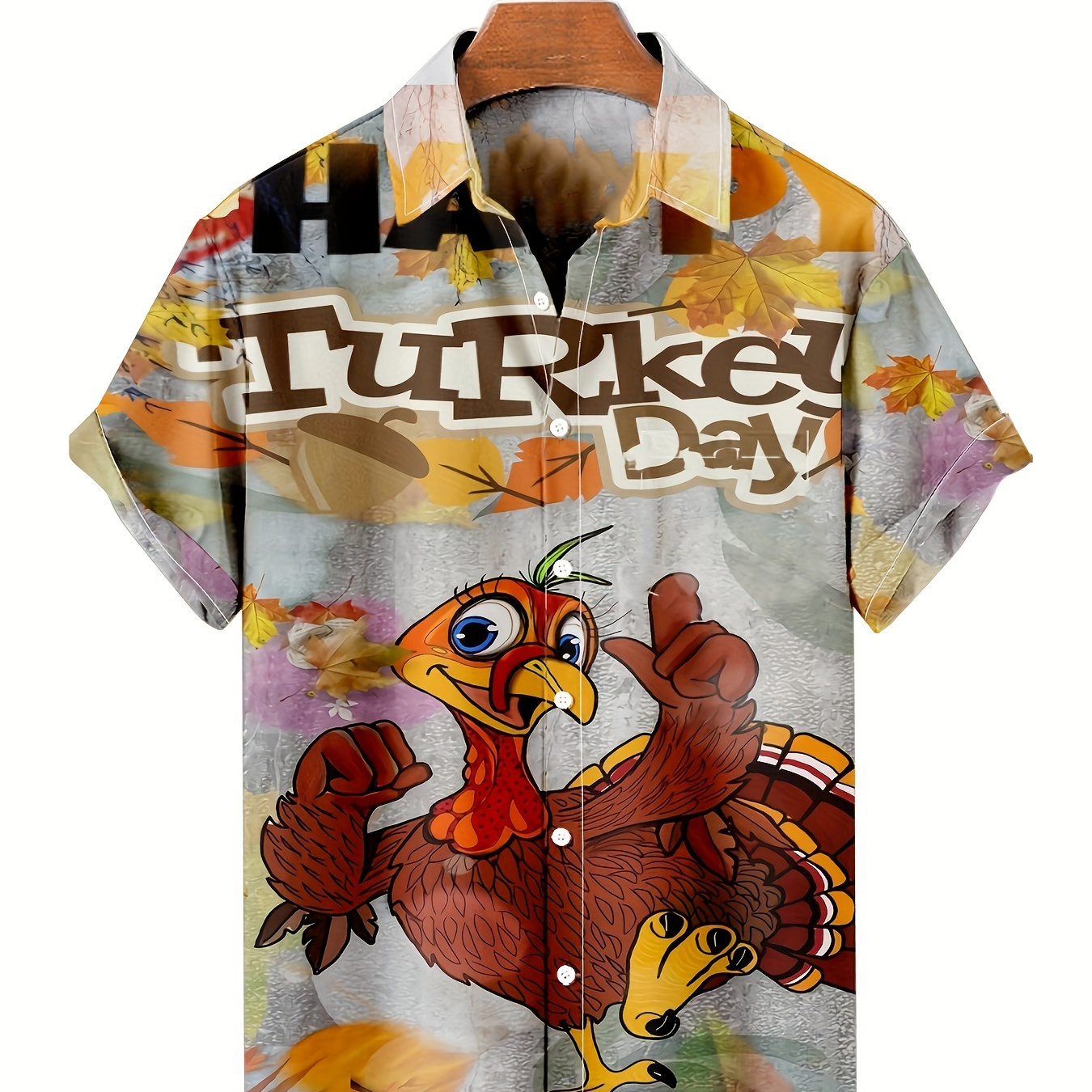 

Men's 'turkey Day' Print Short Sleeve Lapel Shirt For Summer, Casual Comfy Thanksgiving Themed Shirts As Gift