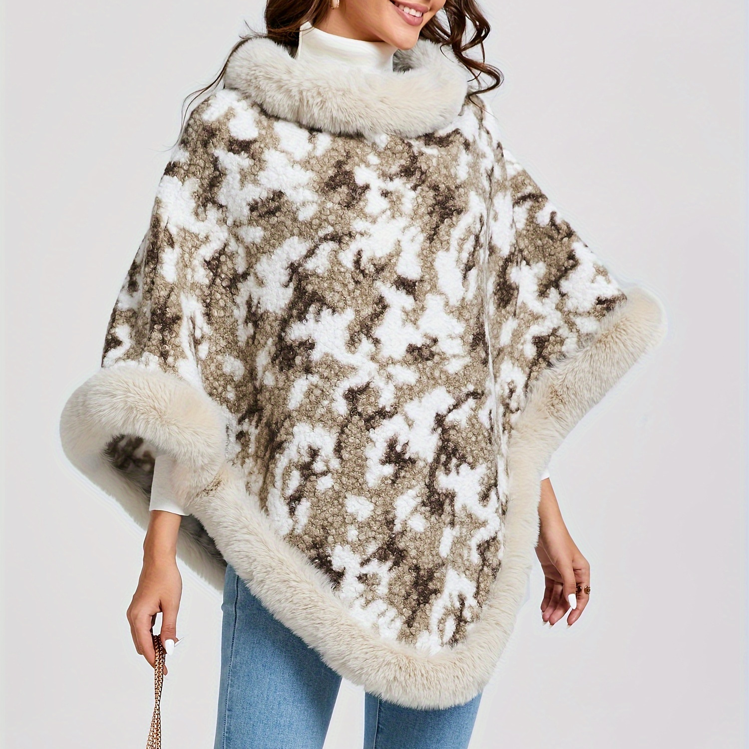 

Elegant Fall/winter Women's Polyester Knit Pullover With Crew Neck, Fashion Patchwork Cape Poncho With Faux Fur Collar, Regular Fit Warm Outerwear