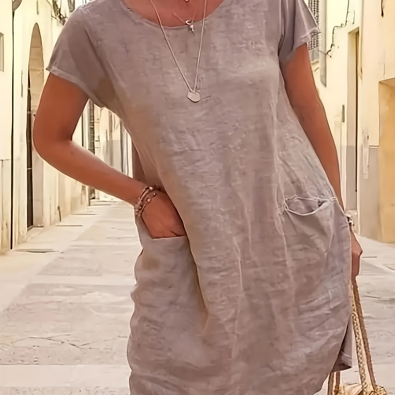 

Crew Neck With Pocket Simple Dress, Casual Short Sleeve Dress For Spring & Summer, Women's Clothing