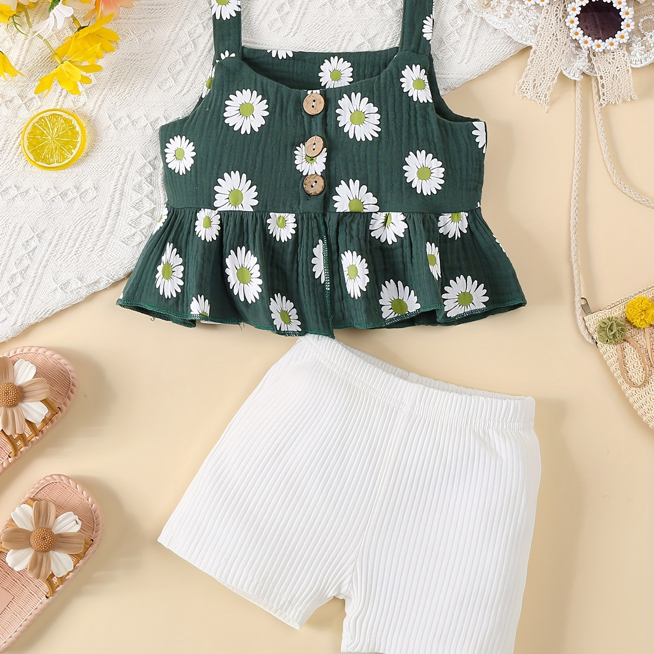 

2pcs Infant & Toddler's Casual Daisy Pattern Ribbed Muslin Set, Sleeveless Peplum Top & Shorts, Baby Girl's Clothes