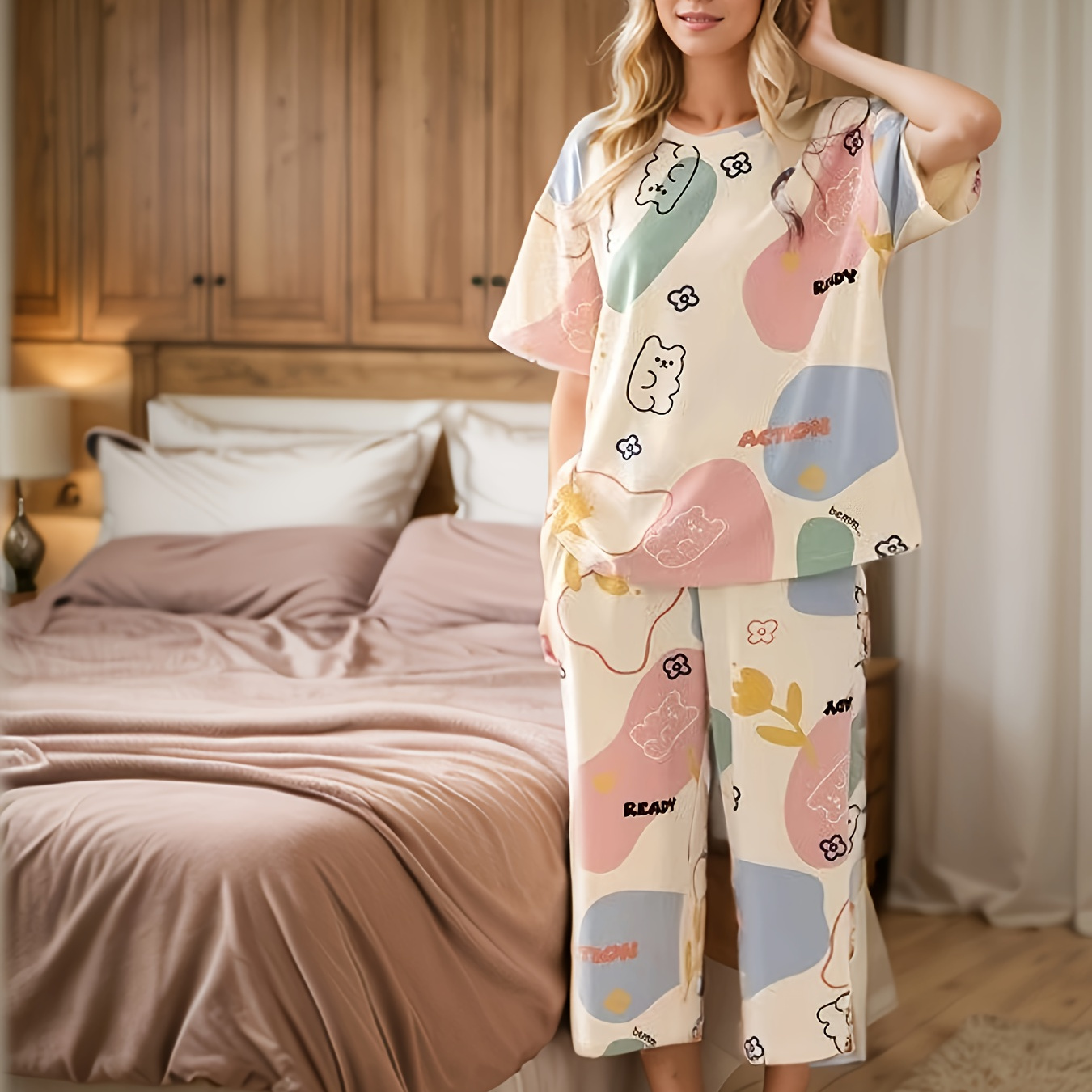 

Women's Pajamas Spring And Summer Models Women's Home Clothes Elegant And Short Sleeves Shorts Pajamas Set Round Neck Letters Cute Animal Print Targeted New Women's Pajamas Home Clothes Set 2pcs Set