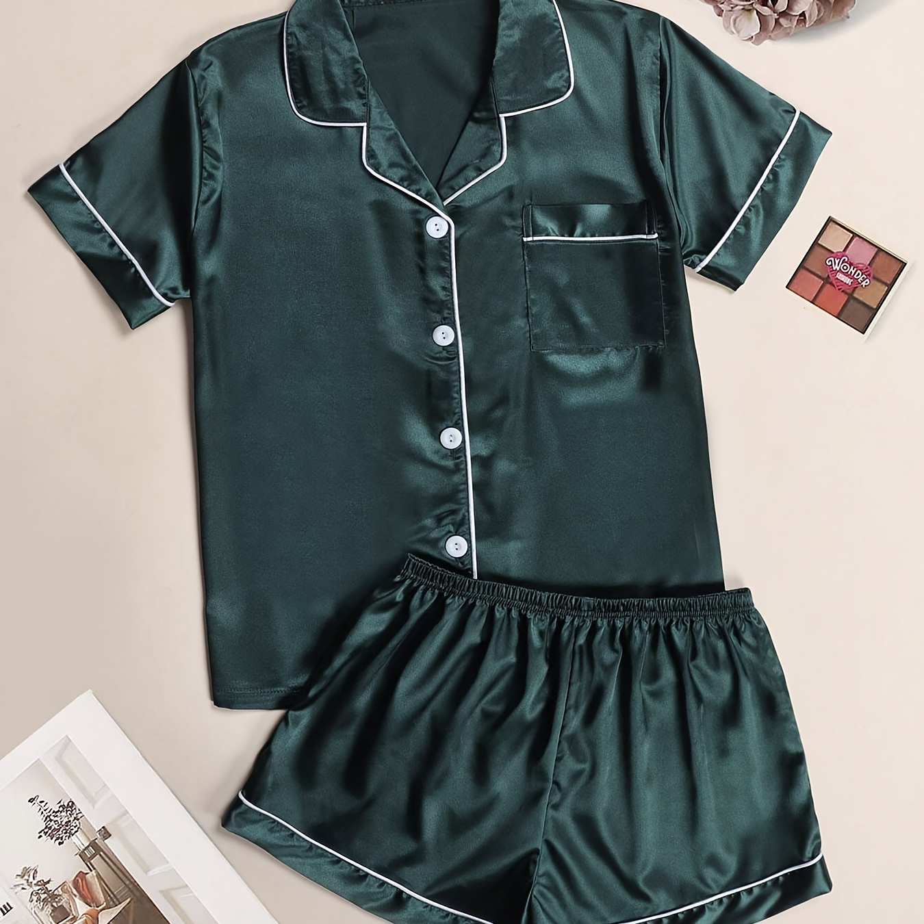 

Satin Pajama Sets For Women - Casual Lapel Collar Short Sleeve Sleepwear With Elastic Waist Shorts, Solid Color, Button Details, Woven Polyester Blend (97% Polyester, 3% Elastane), All-season Comfort