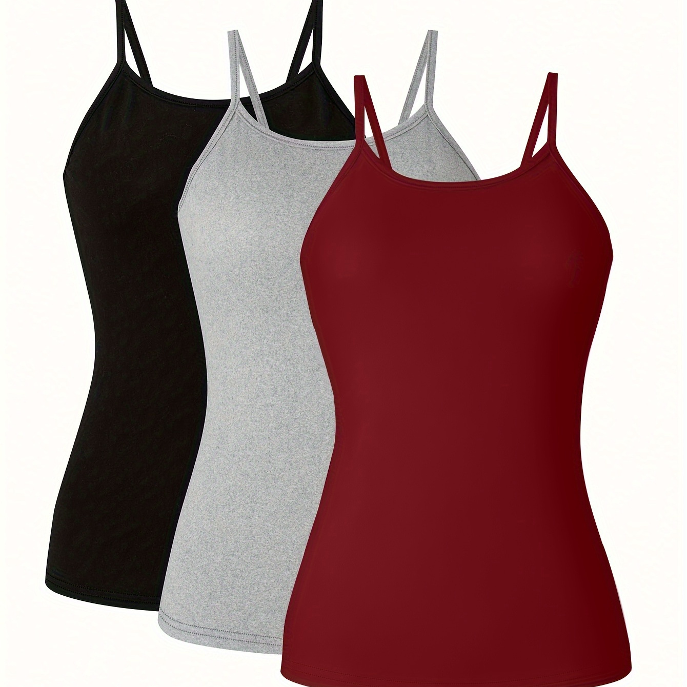 

3 Pack Solid Color Cami Top, Versatile Slim Fit Spaghetti Strap Top For Summer, Women's Clothing