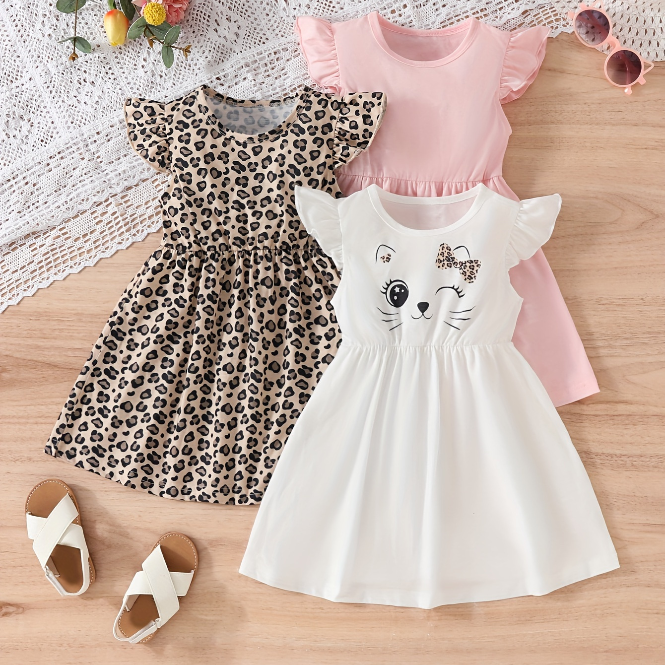 

3pcs/set Girls Dresses, Plain Color + Kitty Face + Leopard Print Ruffle A-line Dresses Vacation Casual Dresses Summer Gift