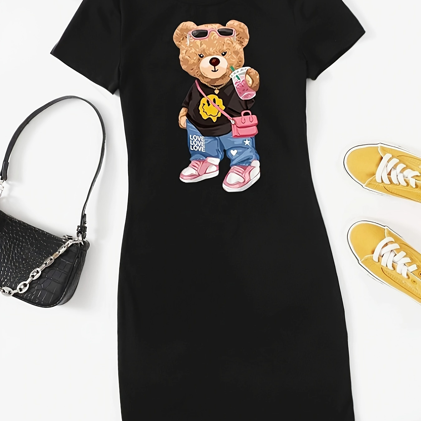 

Teddy Bear Print Slim Dress, Casual Short Sleeve A Line Dress For Spring & Summer, Women's Clothing