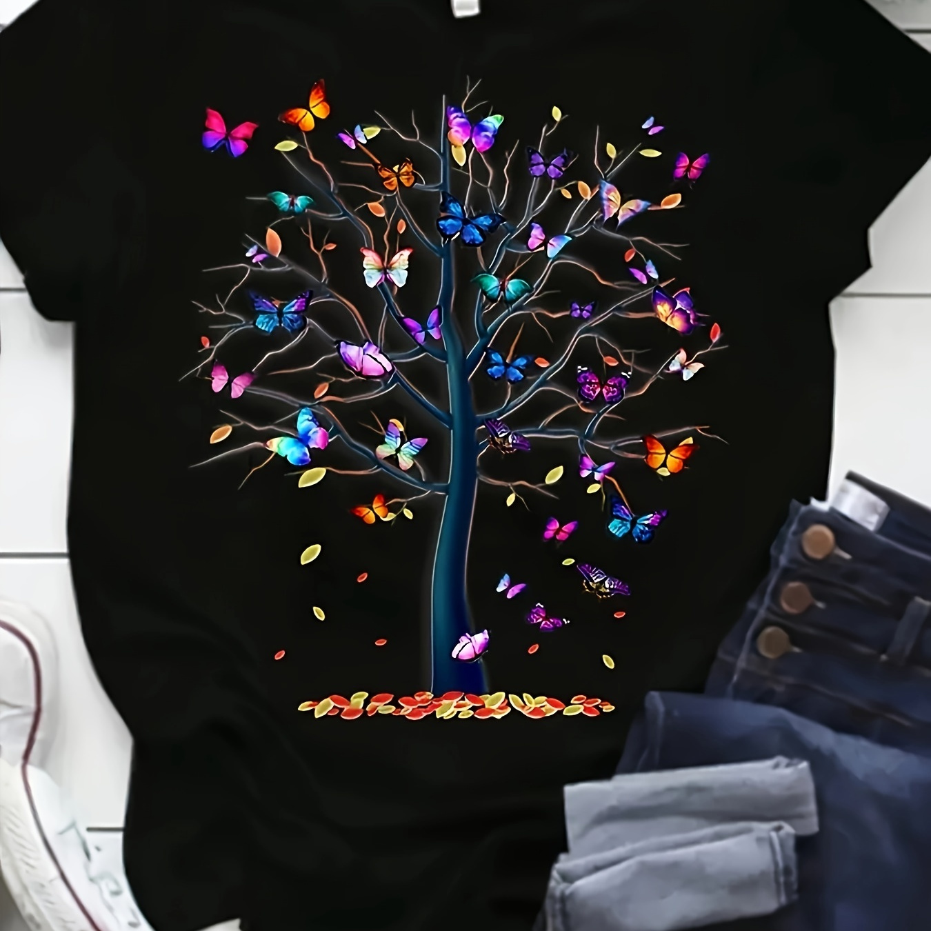 

T-shirt À Col Rond Imprimé Papillon Arbre, T-shirt Décontracté À Manches Courtes Pour Le Printemps Et L'été, Vêtements Pour Femmes