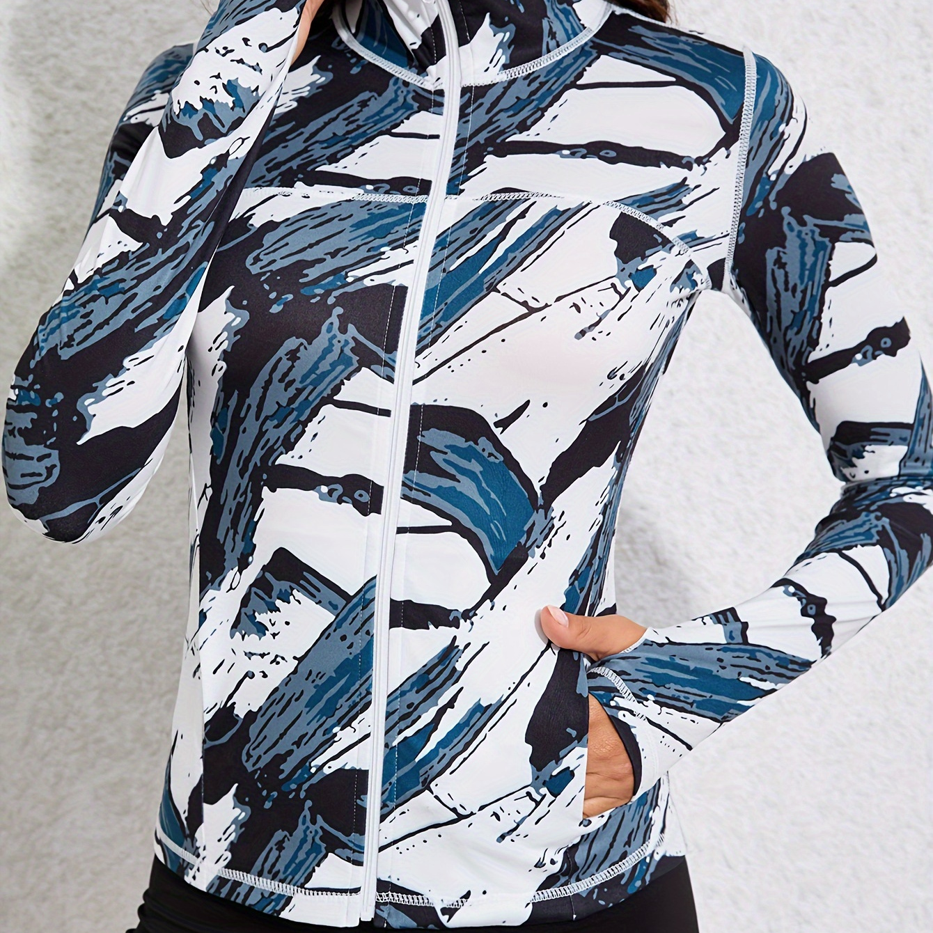 

Color Block Print Yoga Jacket With Thumb Hole, Full Zipper Sports Running Jacket For Women, Women's Activewear