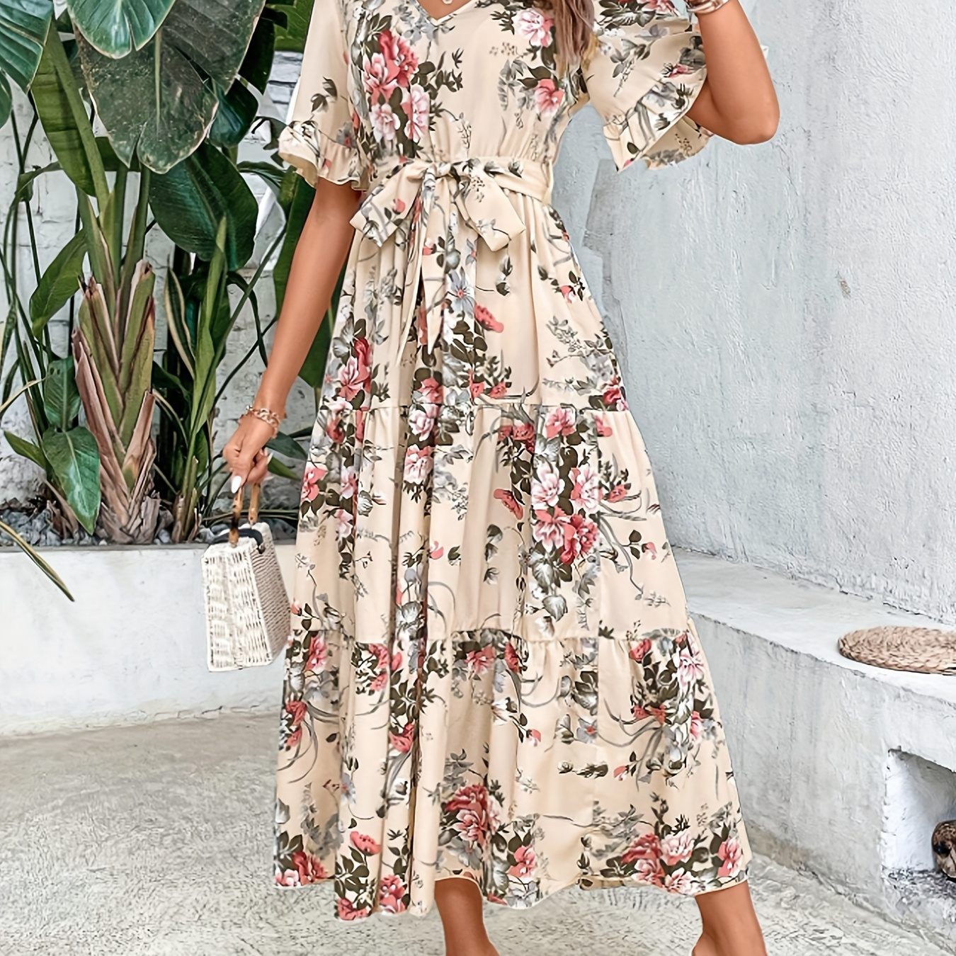 

Floral Print Belted V Neck Dress, Elegant Short Sleeve Dress For Spring & Summer, Women's Clothing