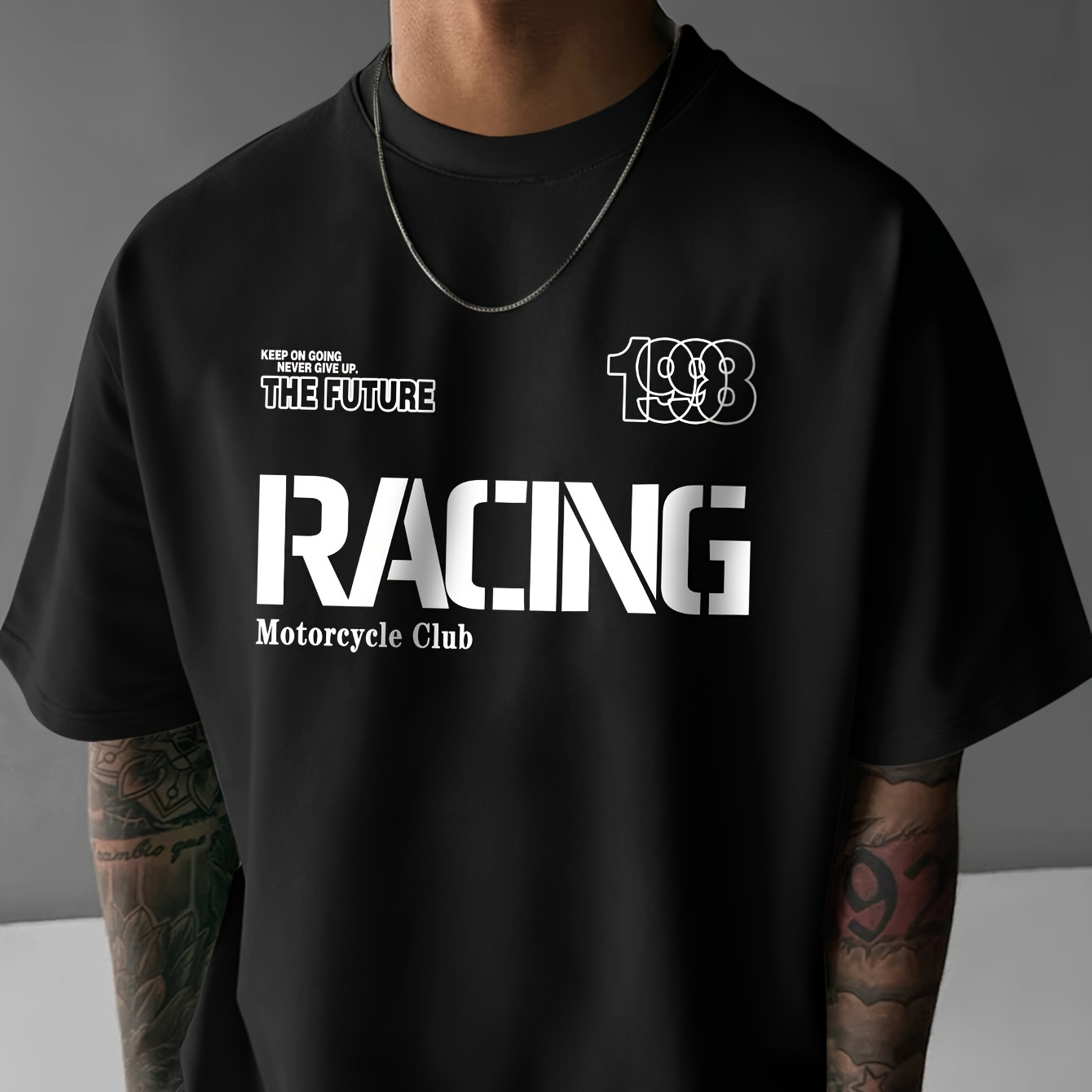 

Racing White Bold Fonts Letter Printed, Men's Casual Trendy Fashion Crew Neck T-shirt For Summer And Spring