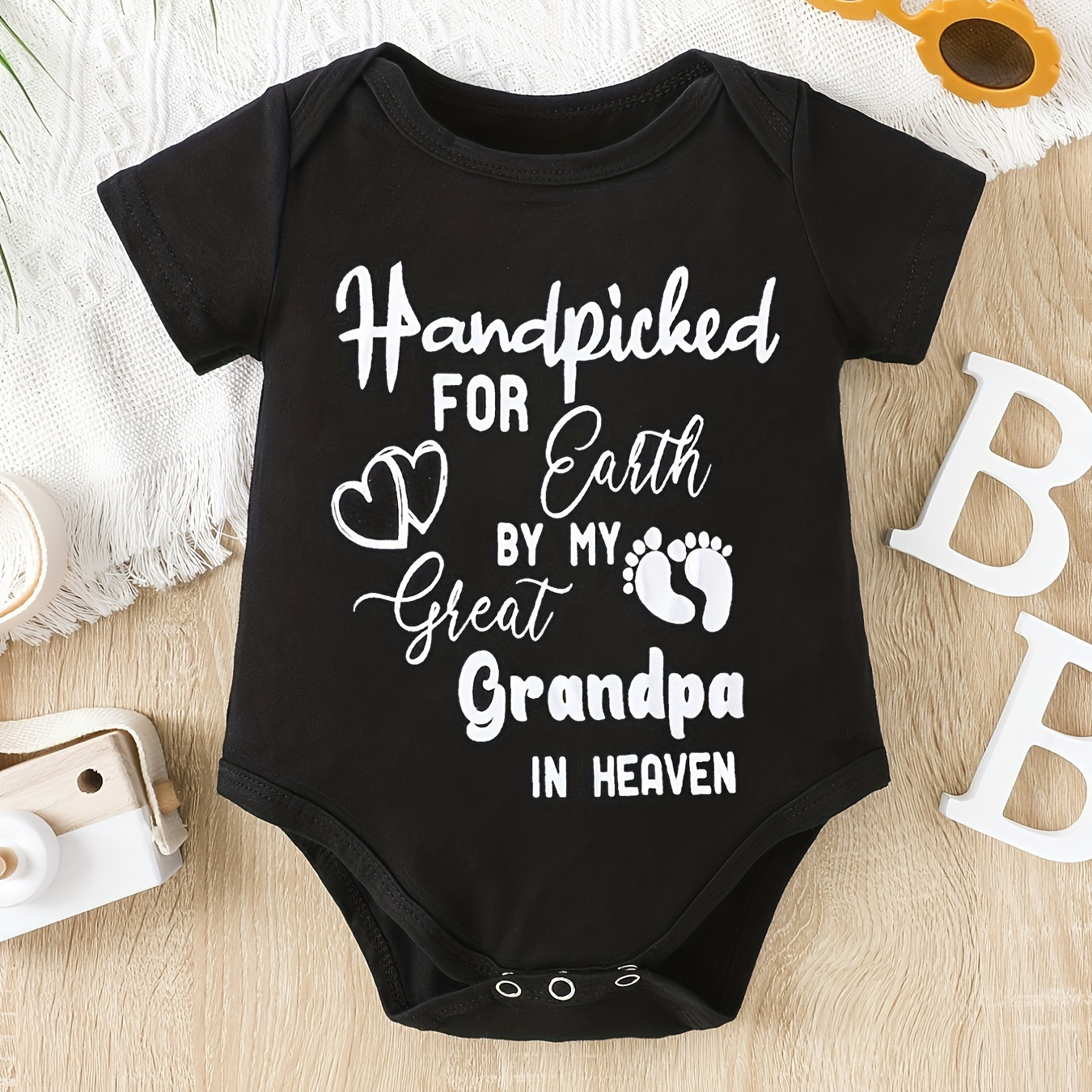 

Infant's By My Great Grandma In Heaven Print Bodysuit, Casual Short Sleeve Romper, Baby Boy's Clothing