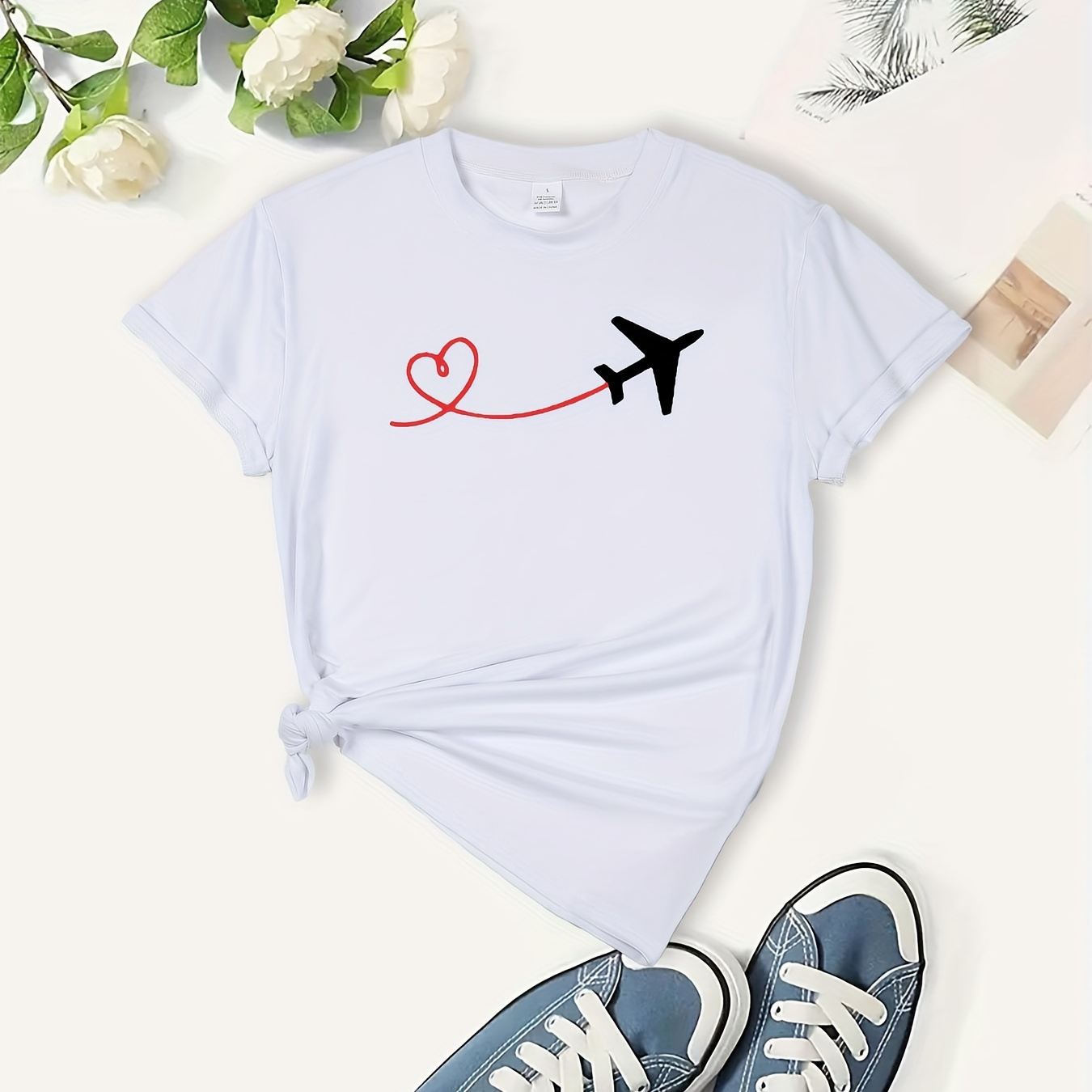 

Women's Casual Airplane Print T-shirt - Soft Polyester & Spandex , Crew Neck, Short Sleeve, Machine Washable - In Multiple Colors