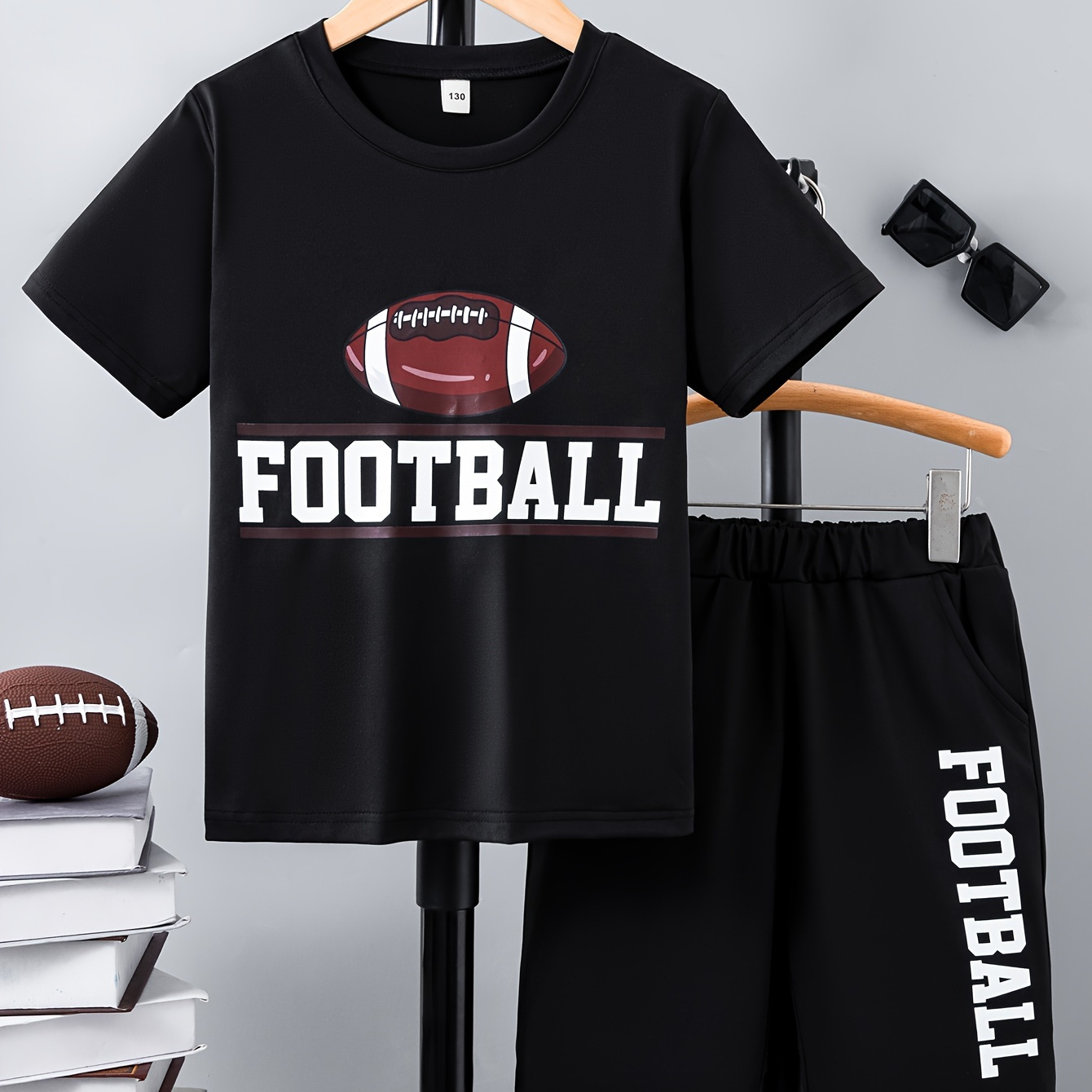 

2pcs Boys Casual Football And Letter Graphic Print Short Sleeve T-shirt & Shorts Set, Comfy Summer Boys Clothes