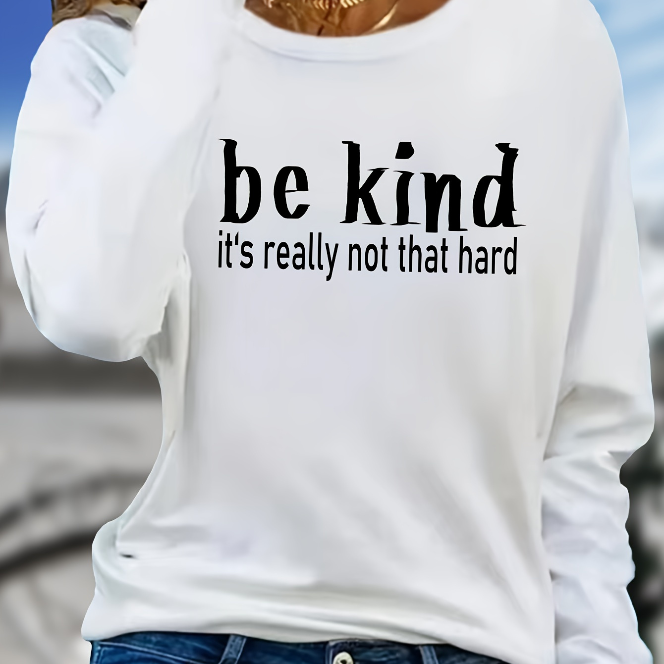 

Women's Long Sleeve T-shirt, "be Kind" Letter Print, Casual Round Neck, Stretch Polyester, Regular Fit, Sleeve Length, Spring/autumn, No Pads, Pullover Top, Knit Fabric