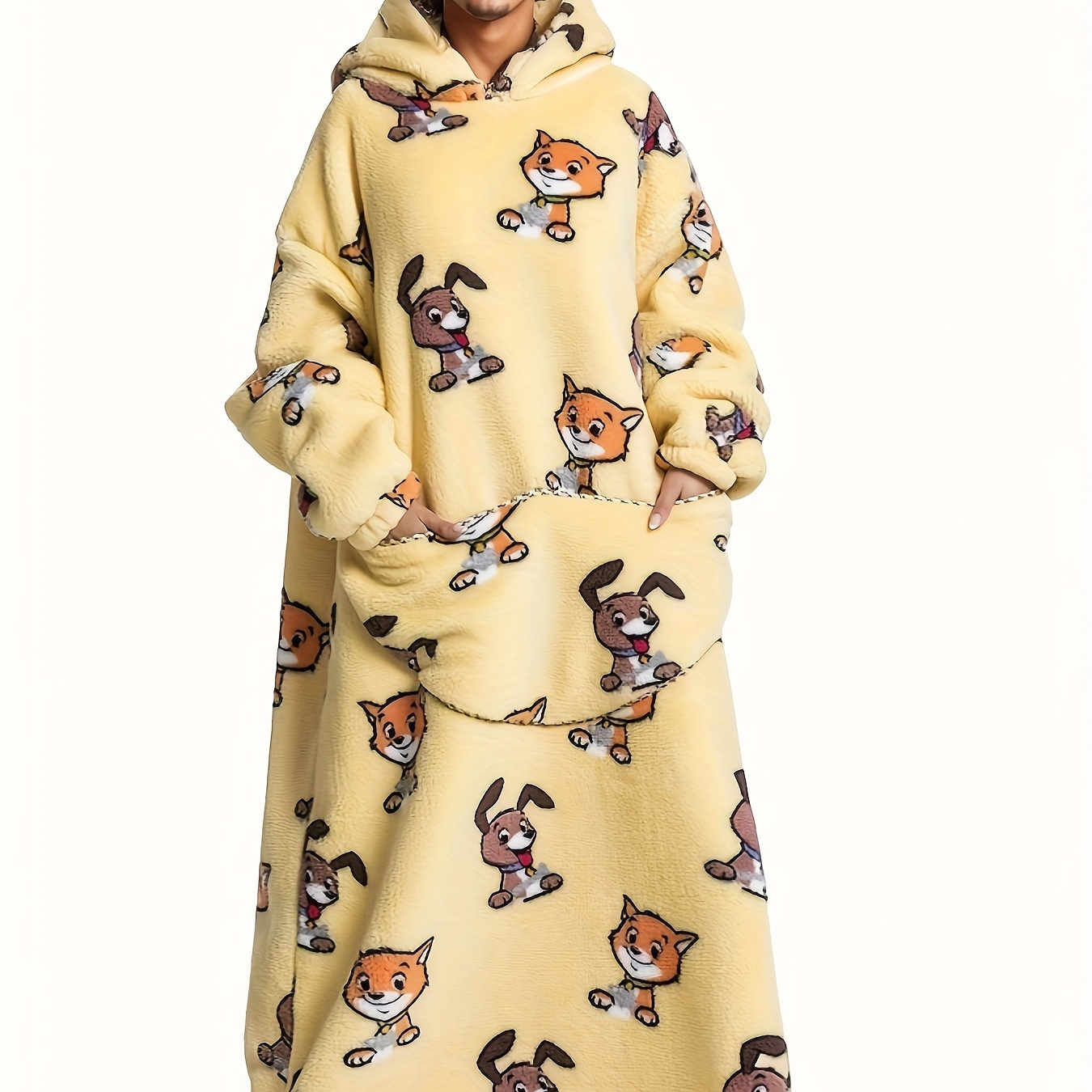 

Men's Cozy Fleece Hooded Robe With Cute Animal Print - Oversized, Warm & Breathable Pajama Set For Fall/winter, Includes Large Pockets