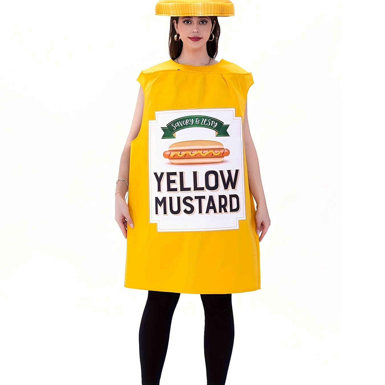 

Yellow Mustard Costume, Fun Food Themed Dress With Hat For Party & Festival, Women's Clothing