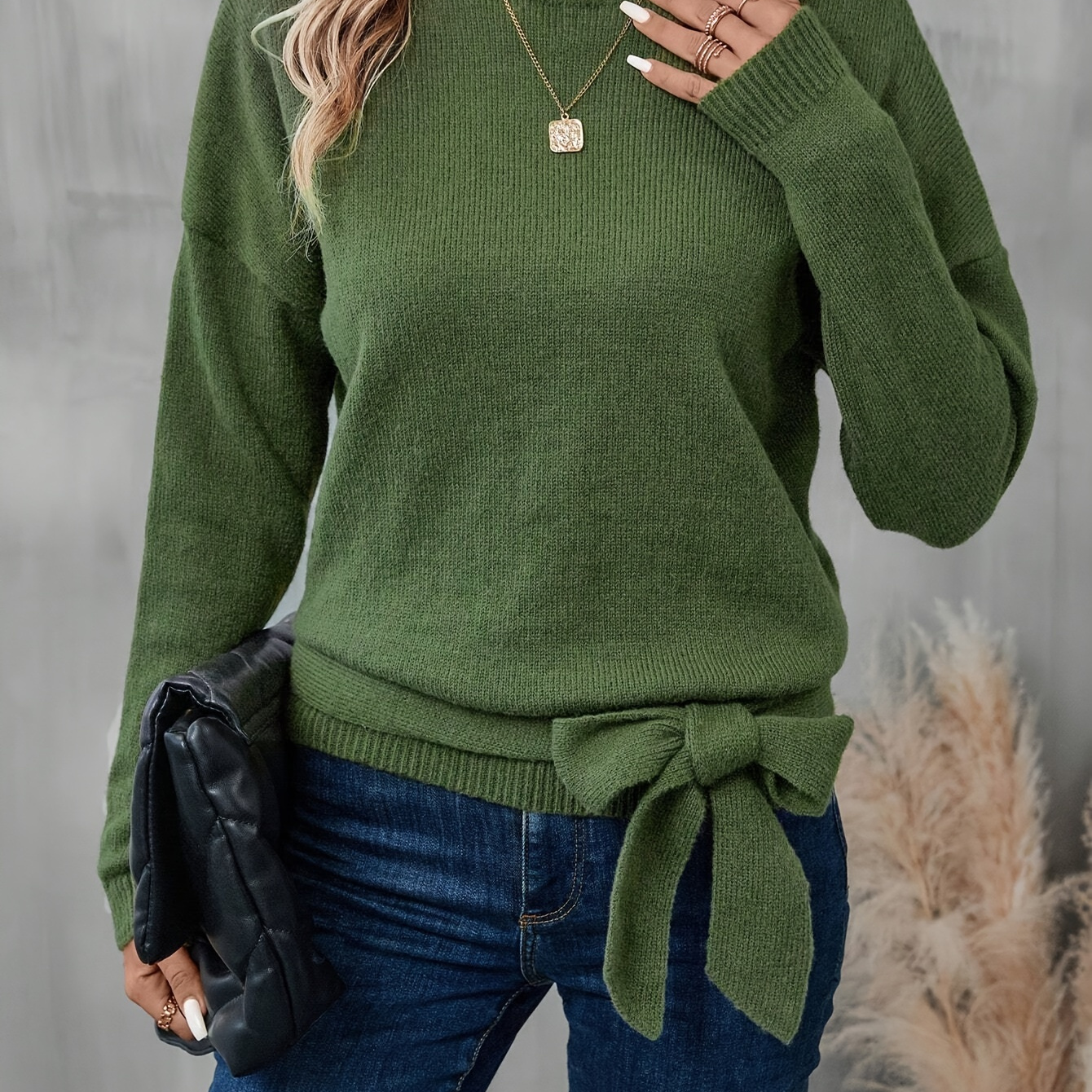 

Bow Decor Crew Neck Sweater, Elegant Long Sleeve Sweater For Fall & Winter, Women's Clothing