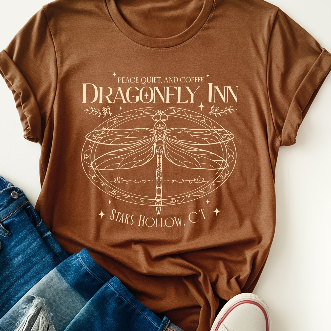 

1pc Dragonfly Inn Cartoon Print T-shirt, Women's Casual Short Sleeve Round Neck Top, Polyester Knit Fabric, Regular Fit, All - Stars Hollow, Ct Slogan Tee