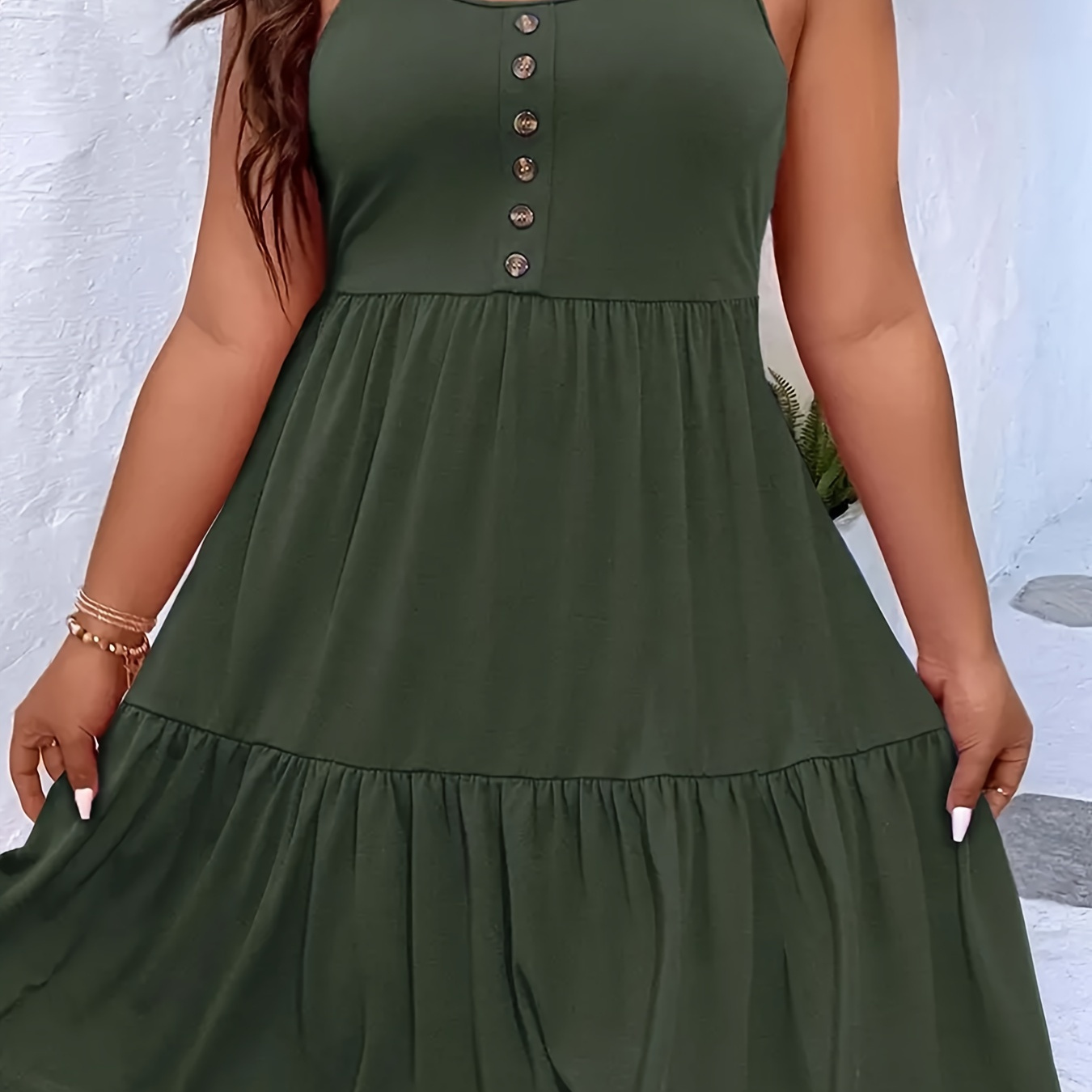 

Plus Size Solid Ruched Button Front Tank Dress, Casual Sleeveless Tiered Dress For Spring & Summer, Women's Plus Size Clothing