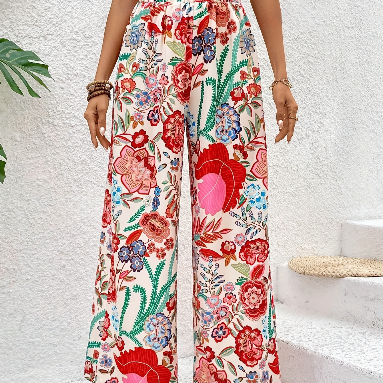 

Floral Print Wide Leg Pants, Elegant High Waist Pants For Spring & Summer, Women's Clothing