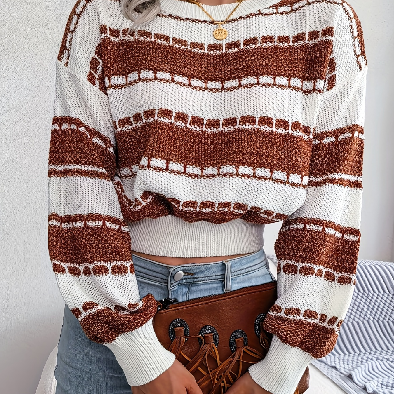 

Pull à col rond rayé à de couleurs, pull décontracté à manches longues en d'automne et d'hiver, vêtements pour femmes