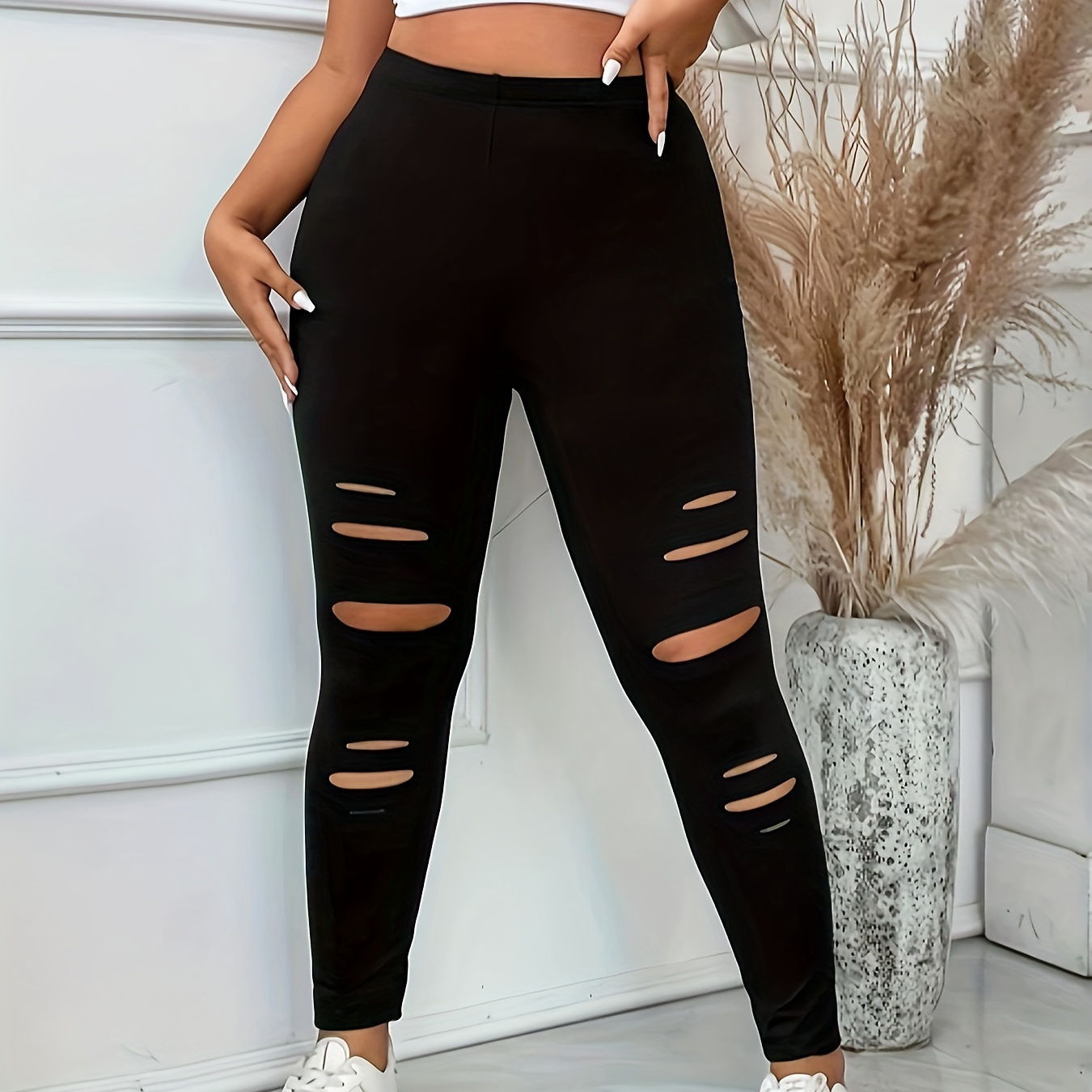 Female Women High Waist Ripped Leggings Women Black Slim Holes Trousers  with Gold Chain Pencil Pants Casual Fashion Clothing 1 M