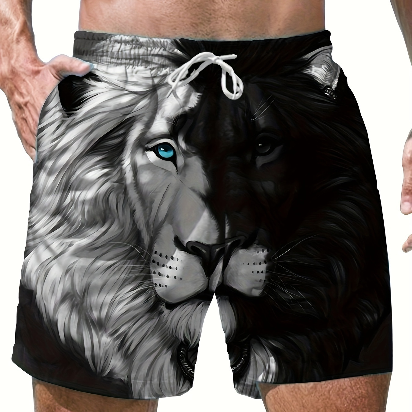 

Men's Lion Print 3d Digital Beach Shorts - Quick-dry, Drawstring Waist, Summer & Vacation