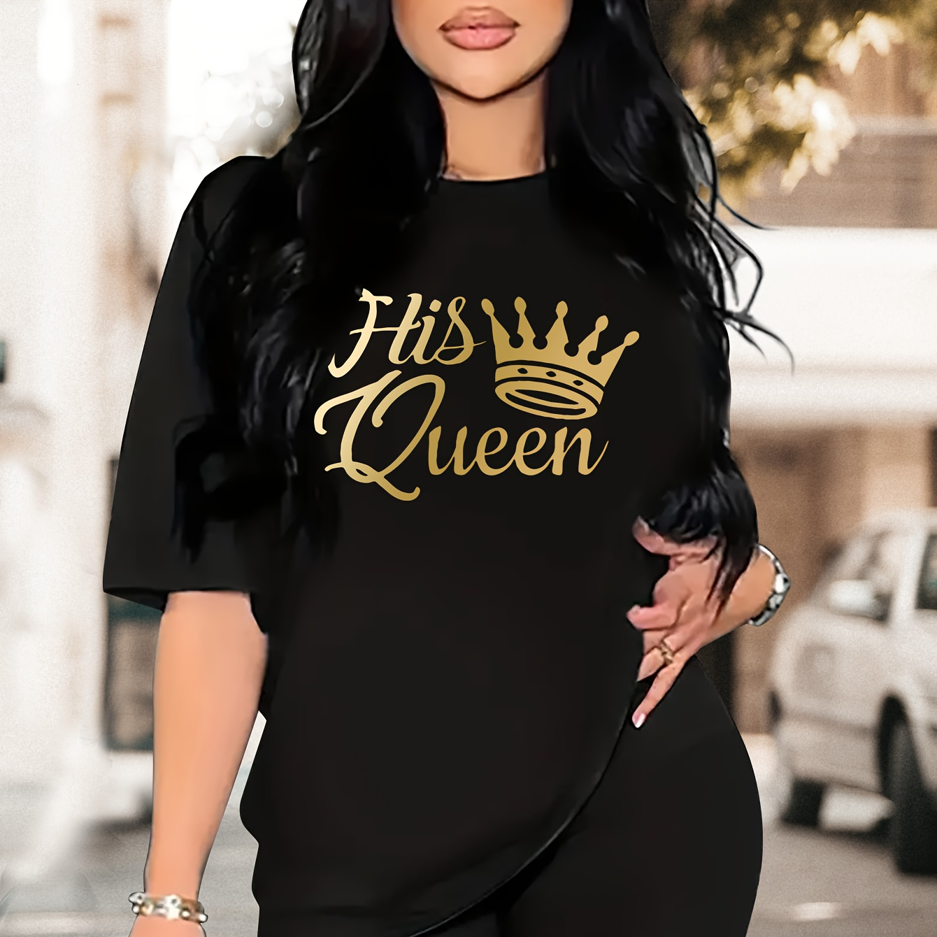 

Letter & Crown Print 2 Piece Set, Drop Shoulder Short Sleeve T-shirt & Short Leggings, Women's Clothing