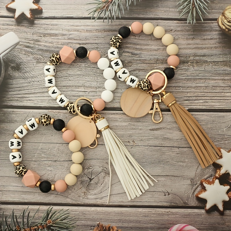 Party Favor Valentines Day Love Wood Chip Sile Bead Bracelet Keychain  Wristlet Key Chain Tassels Handchain Key Rings On  Drop Dh1No From  Garden_light, $3.69