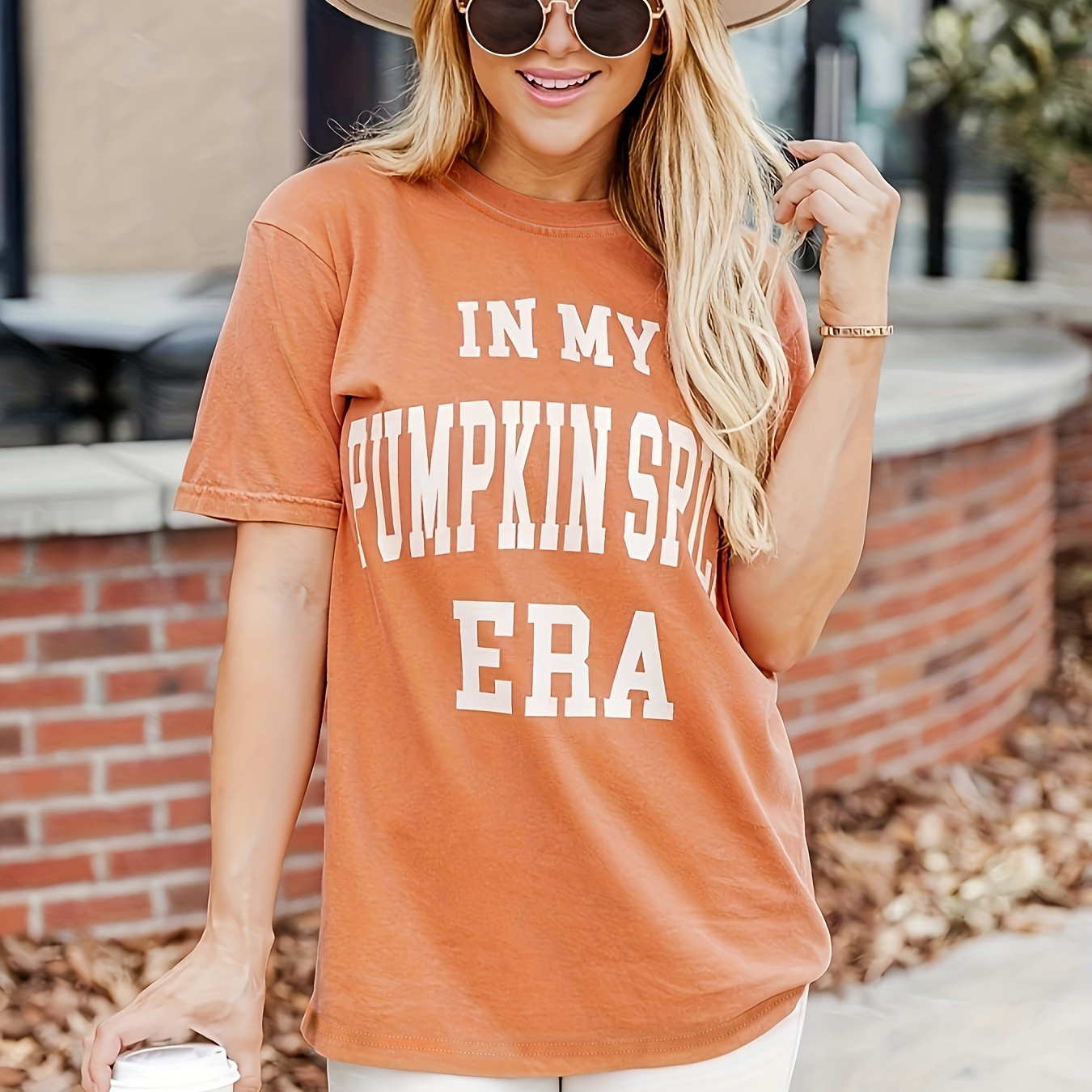 

Pumpkin Letter Print Tee, Casual Short Sleeve Crew Neck T-shirt, Women's Clothing