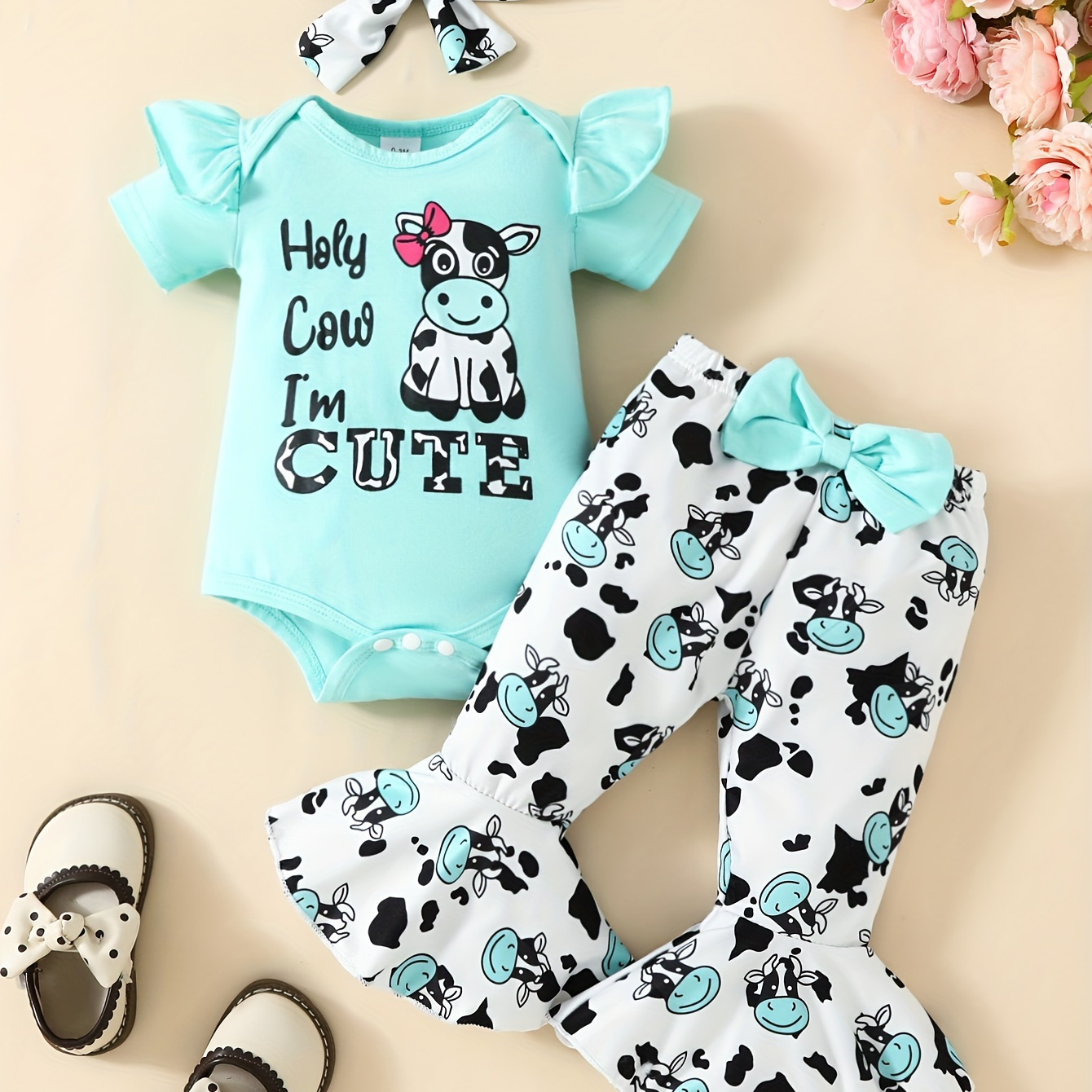 

Newborn Baby Girls Cotton Cute Cow Short Sleeve Triangle Romper + Allover Printed Flared Pants With Headscarf Set