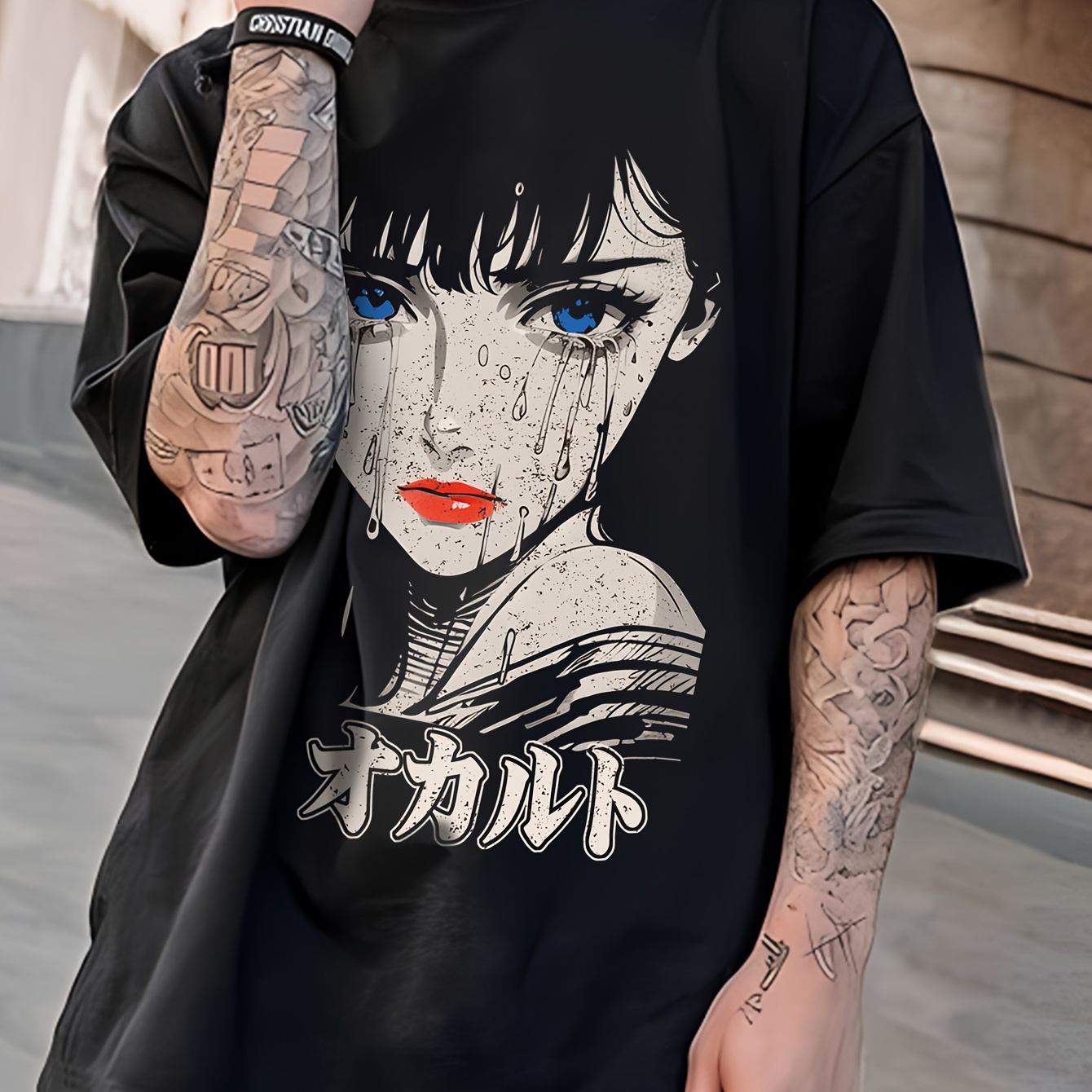 

Anime Girl Print, Men's Round Crew Neck Short Sleeve, Simple Style Tee Fashion Regular Fit T-shirt, Casual Comfy Breathable Top For Spring Summer Holiday Leisure Vacation Men's Clothing As Gift
