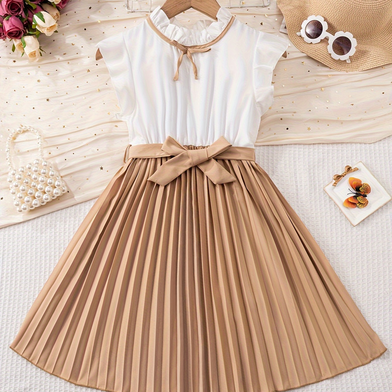 

Girls Elegant Ruffle Sleeveless Splicing Pleated Dress With Bow Belt Vintage Style Summer Holiday Party Gift