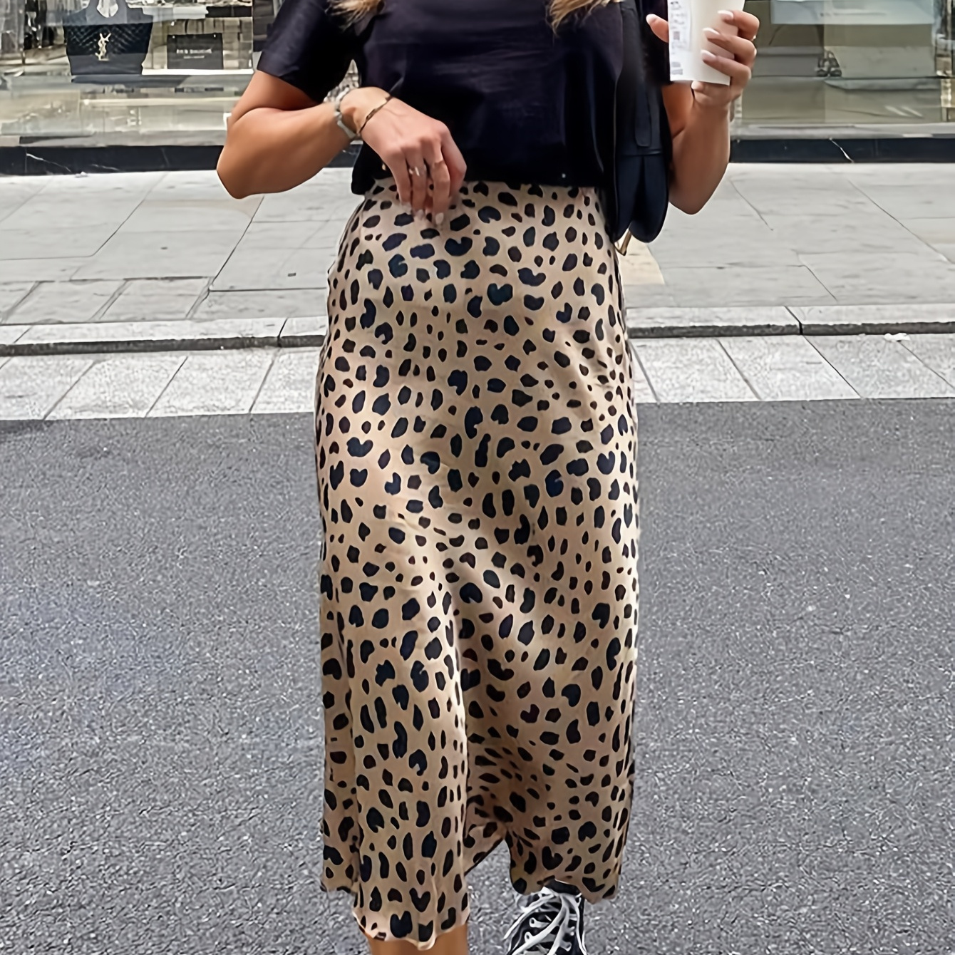 

Chic Leopard Print High Waist Skirt, 95% Polyester 5% Elastane, A-line Mermaid Hem, Zipper Closure, Woven Satin, For All