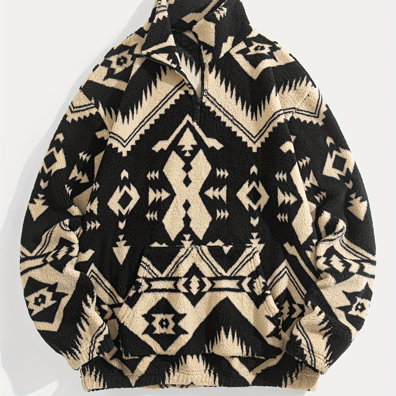 

Men's Loose Ethnic Pattern Fleece Sweatshirt, Casual Stand Collar Long Sleeve Warm Top For Outdoor