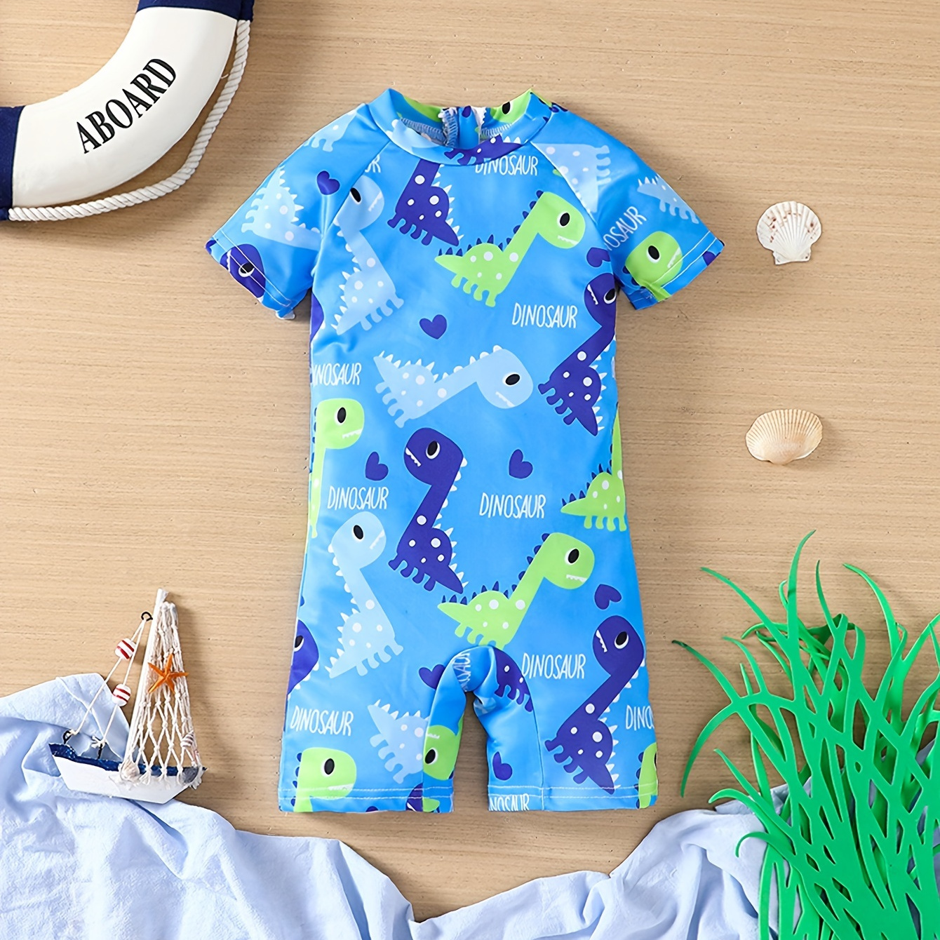 

Baby Toddler Boys Full Dinosaur Print Short Sleeve Swimsuit Back Zipper Comfy Breathable Swimweear