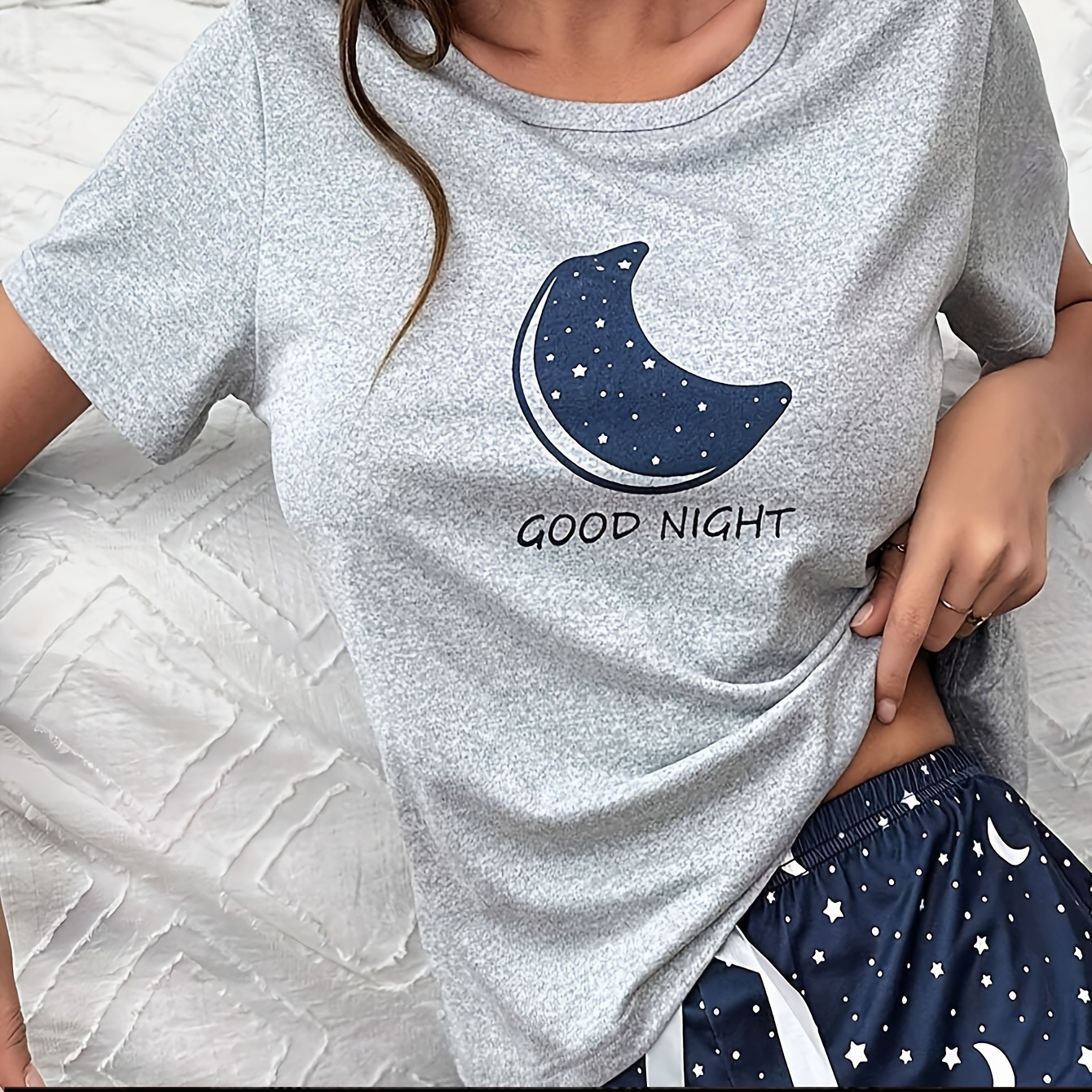 

Women's Moon & Star & Slogan Print Casual Pajama Tops, Short Sleeve Round Neck T-shirt, Comfortable Relaxed Fit
