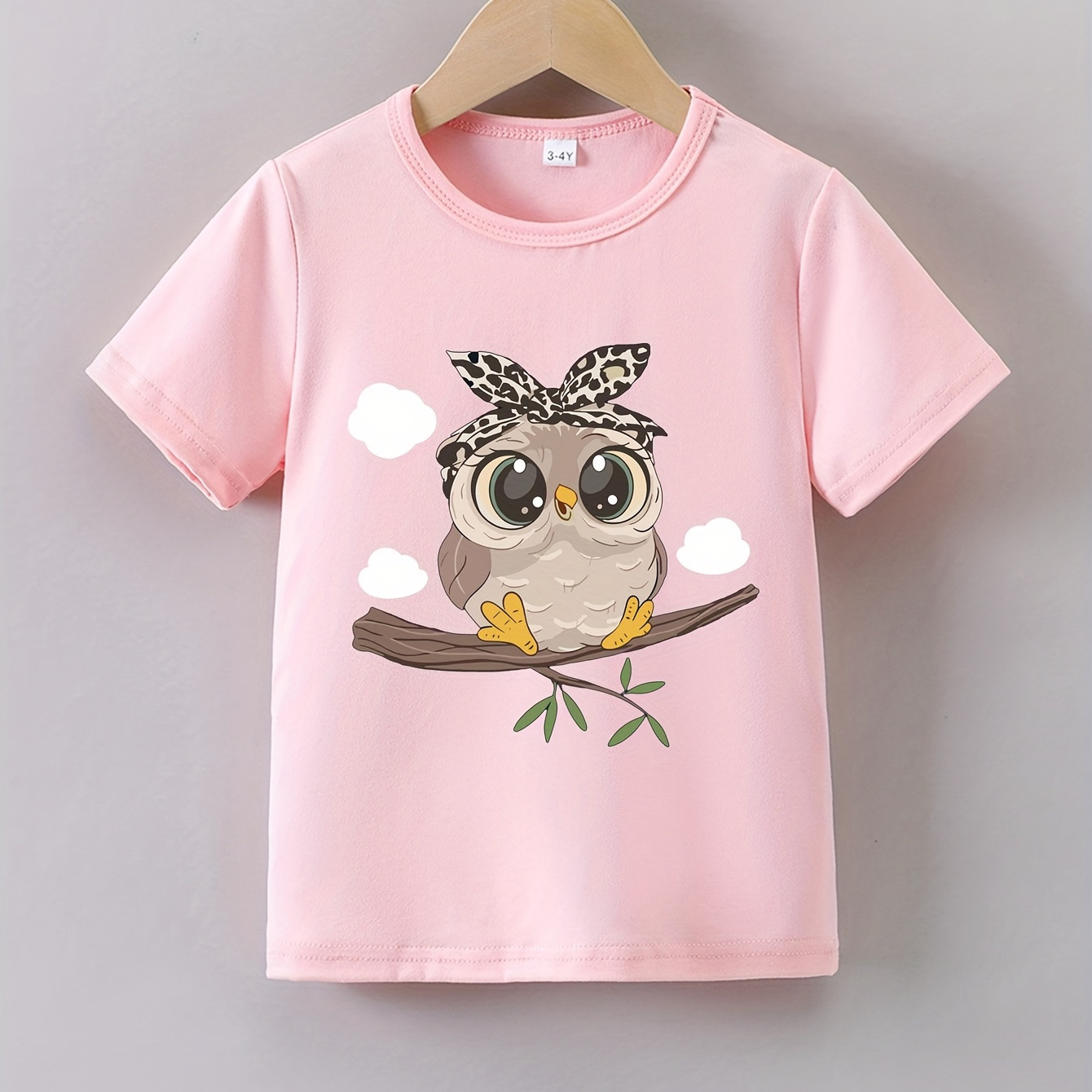 

Owl Graphic Print Creative T-shirts, Soft & Elastic Comfy Crew Neck Short Sleeve Tee, Girls' Summer Tops