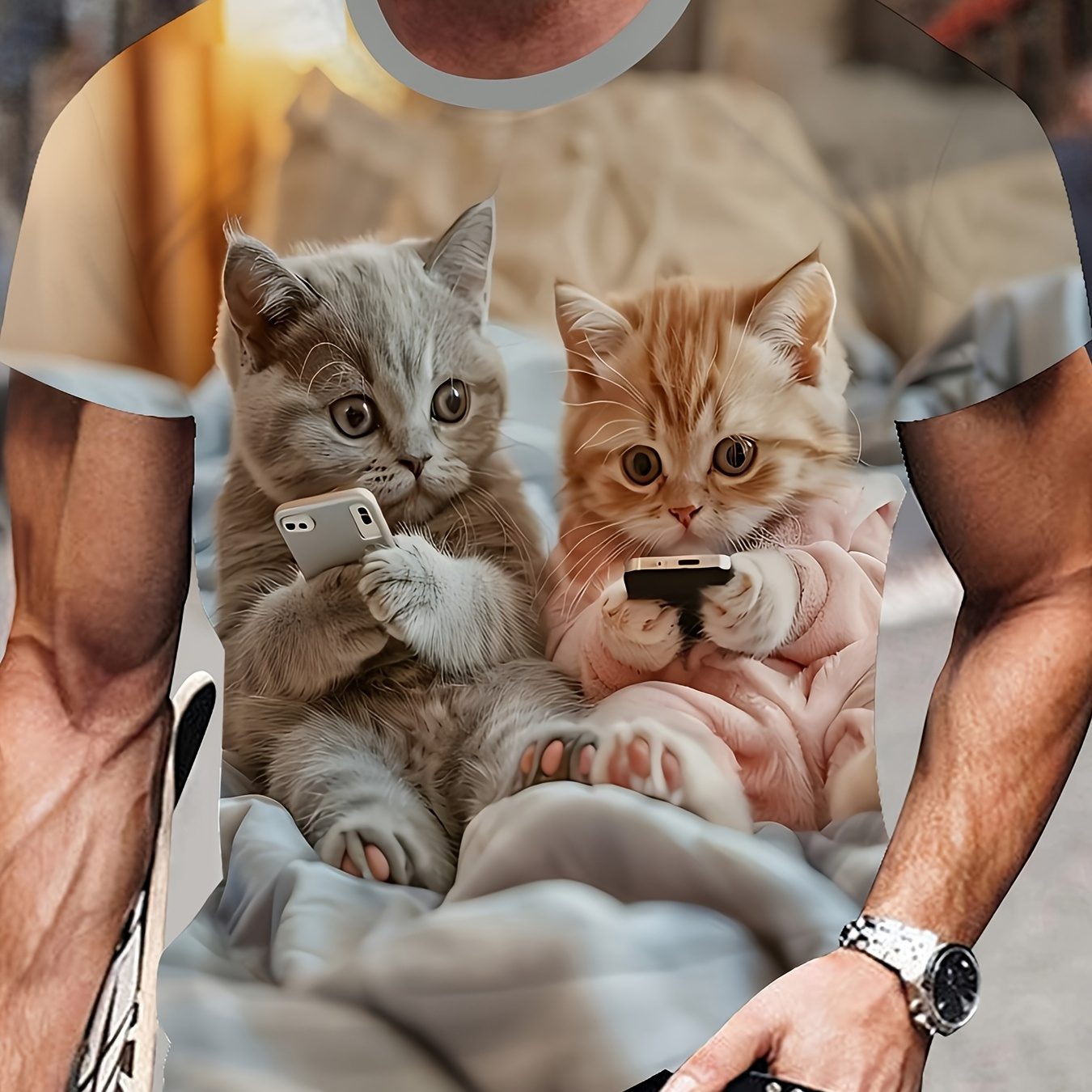 

Men's Casual Round Neck T-shirt With And Cute Cat Print, Suitable For Summer Outdoor And