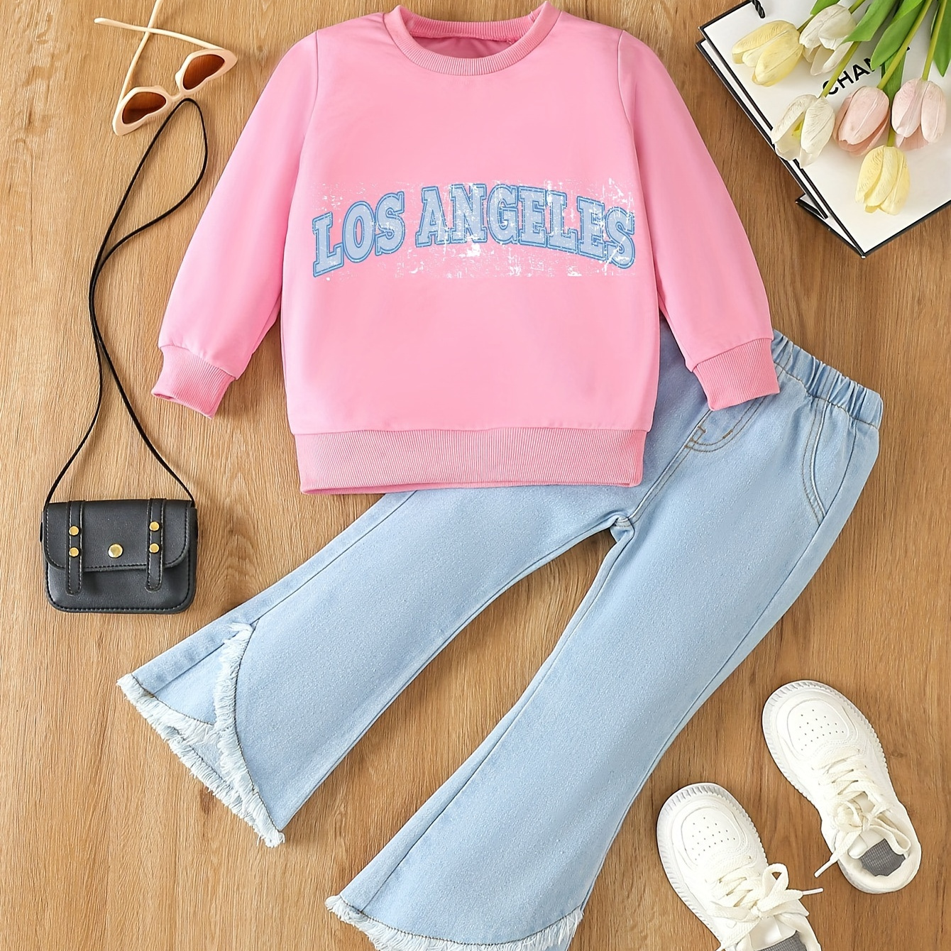 

Los Angeles Print, Girls 2pcs Outfits, Casual Crew Neck Long Sleeve Pullover Sweatshirt And Flare Pants Jeans Set For Winter Fall, Kid's Clothing