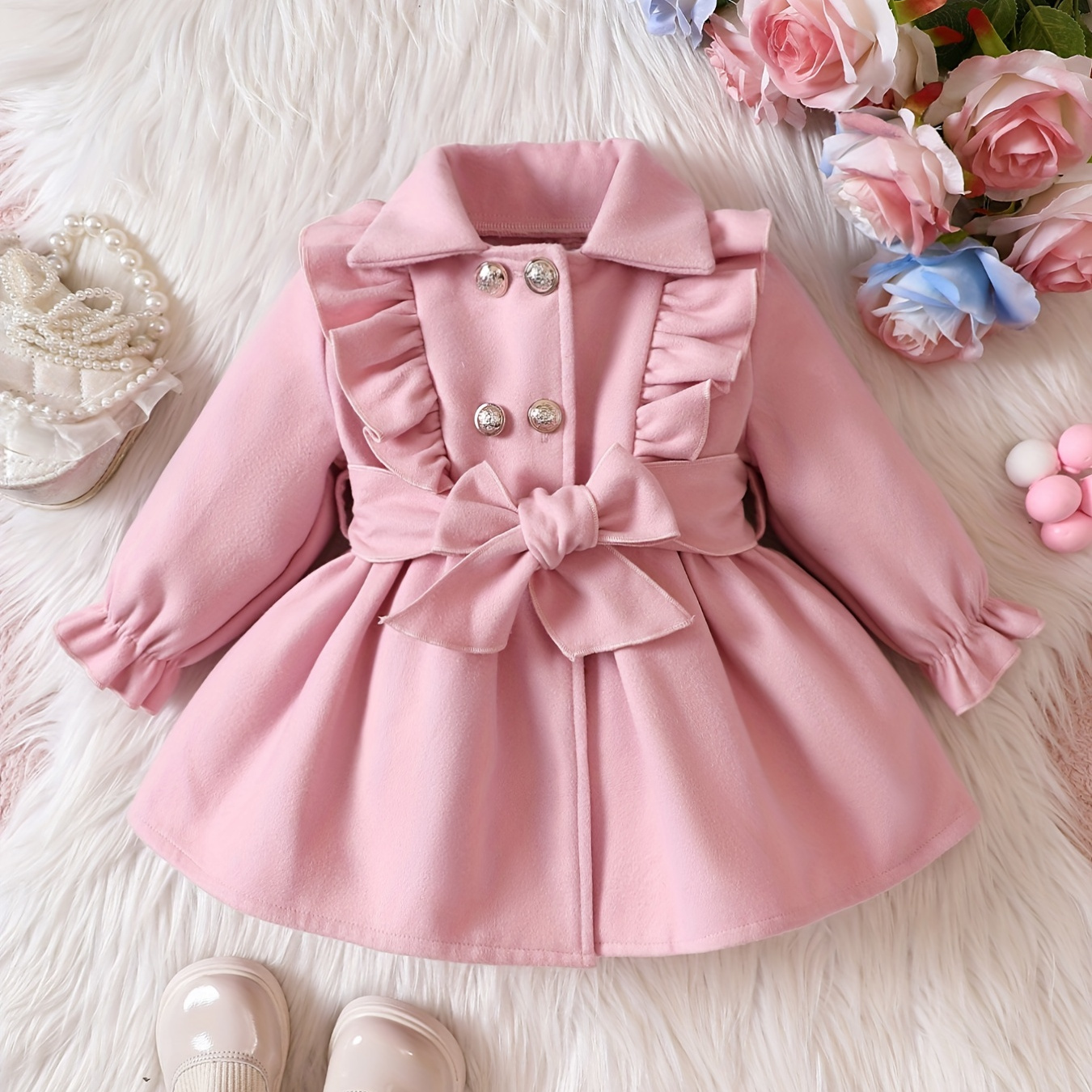 

Baby Girls Cute Ruffle Lapel Double Breasted Coat, Kids Clothes Autumn And Winter