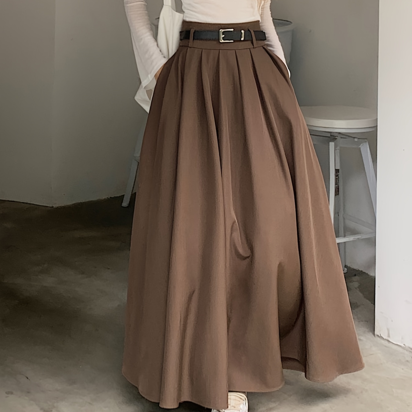 

Women's Elegant Pleated Midi Skirt, Solid Color Polyester 100% Woven Fabric, 114 Gsm, With Pockets, For Office And Casual Wear, Fashion Accessory