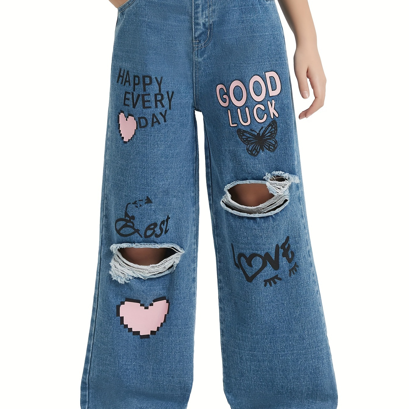 

1 Piece Exarus Girls Jeans Wide Leg Jeans Ripped High Waist Elastic Band Casual With Pockets Children 6-14 Years Old Daily Wear, Fluid Pants