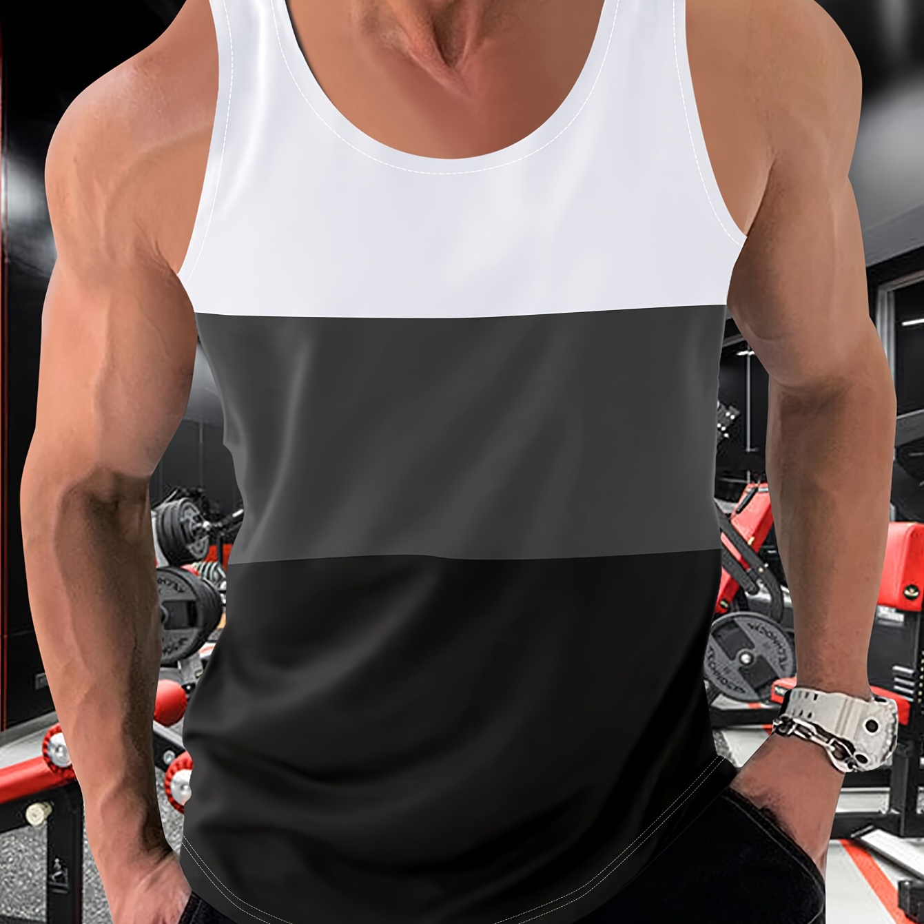 

Color Block Print Summer Men's Quick Dry Moisture-wicking Breathable Tank Tops, Athletic Gym Bodybuilding Sports Sleeveless Shirts, For Running Training, Men's Clothing