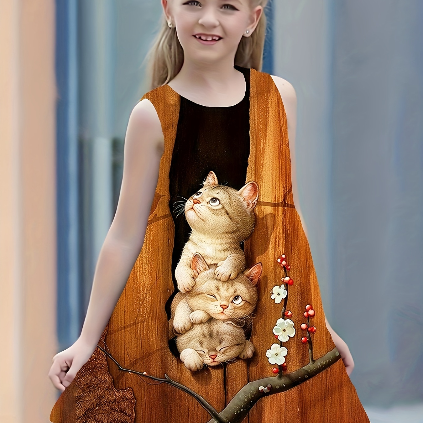 

3d Wooden House Kittens Pattern Sleeveless Dress For Girls - Comfy & Casual Dresses For Daily, Party, Holidays, Gift